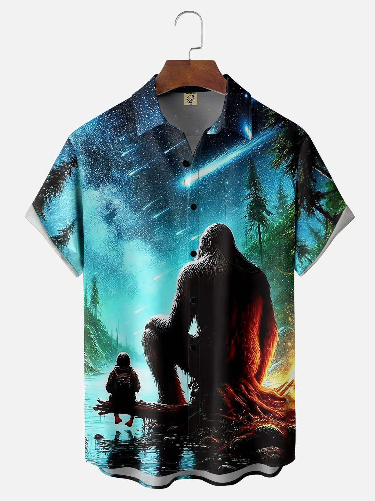 Moisture-wicking Bigfoot Starry Sky Meteor Art Chest Pocket Hawaiian Shirt