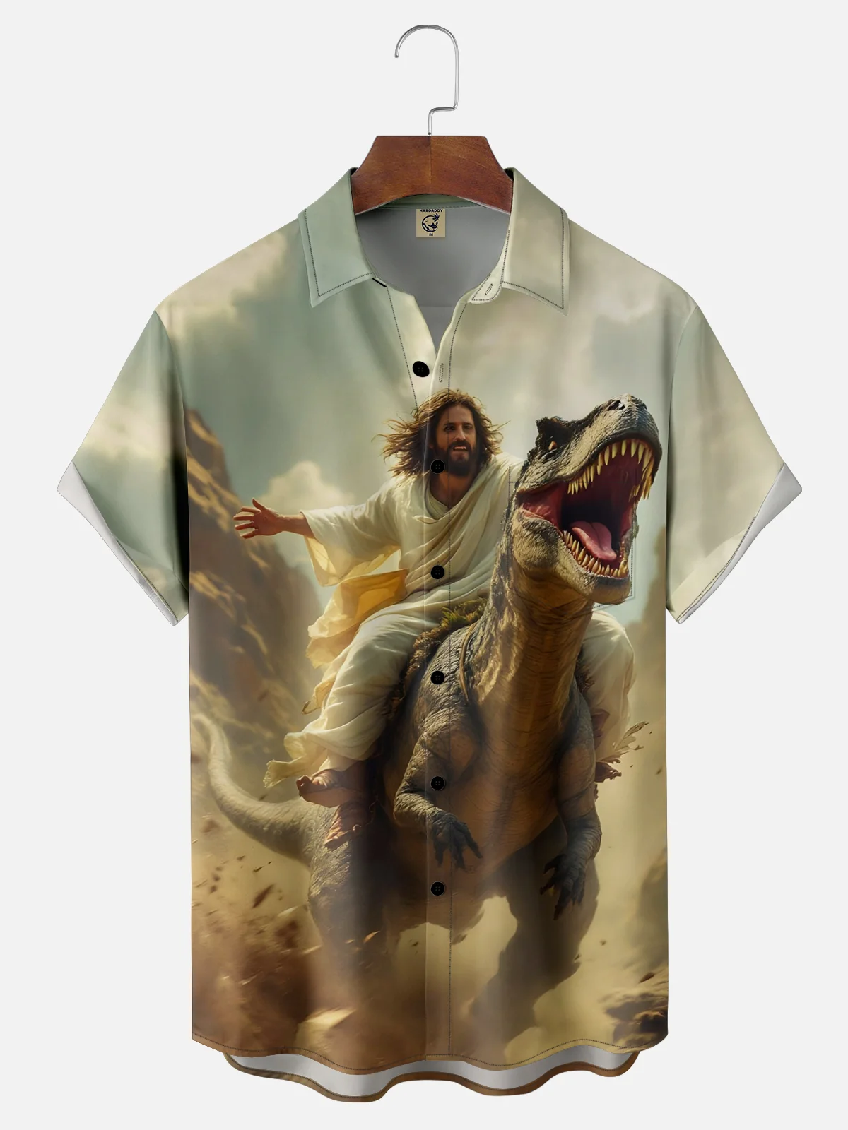 Moisture-wicking Jesus Dinosaur Rider Chest Pocket Casual Shirt