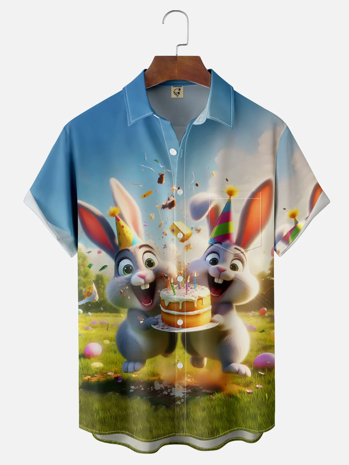 Moisture-wicking Easter Rabbit Egg Birthday Cake Chest Pocket Casual Shirt