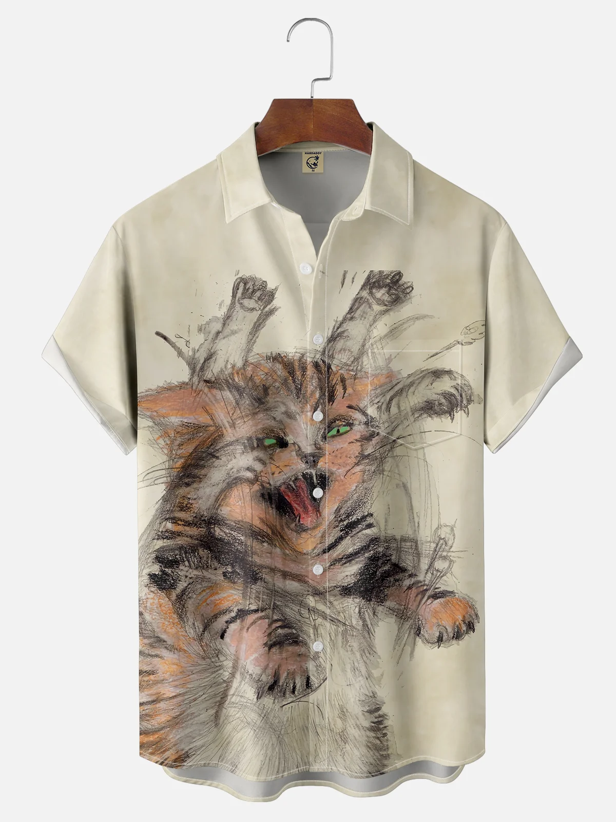 Moisture Wicking Funny Cat Fight Chest Pocket Hawaiian Shirt