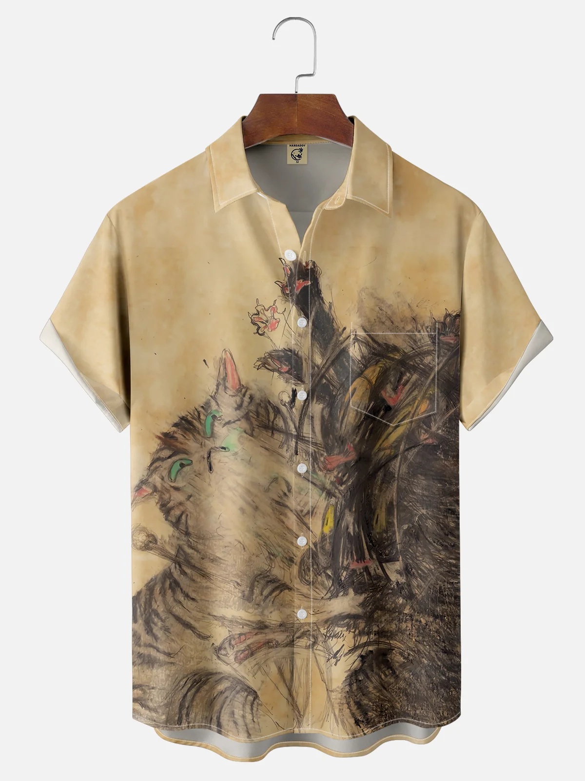 Moisture Wicking Funny Cat Fight Chest Pocket Hawaiian Shirt