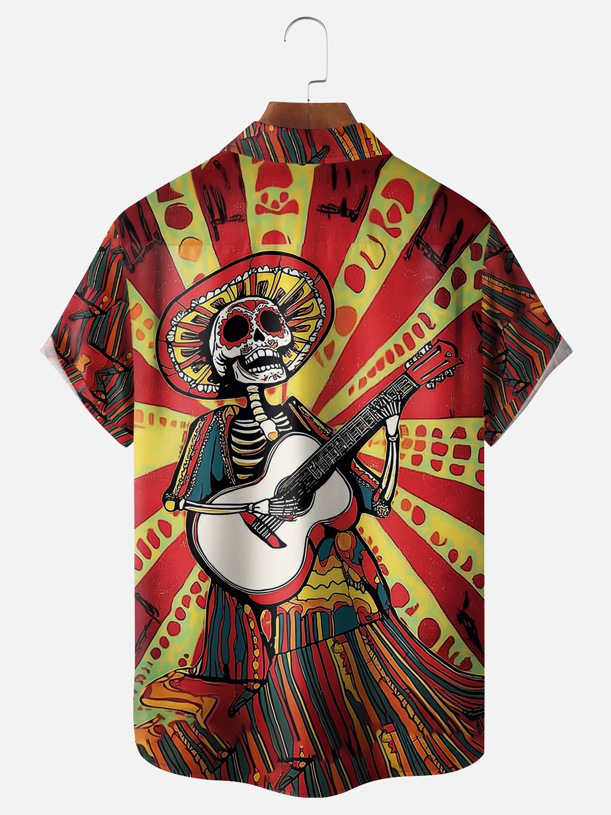 Moisture-wicking Cinco de Mayo Day of the Dead Mexican Skull Guitar Chest Pocket Casual Shirt