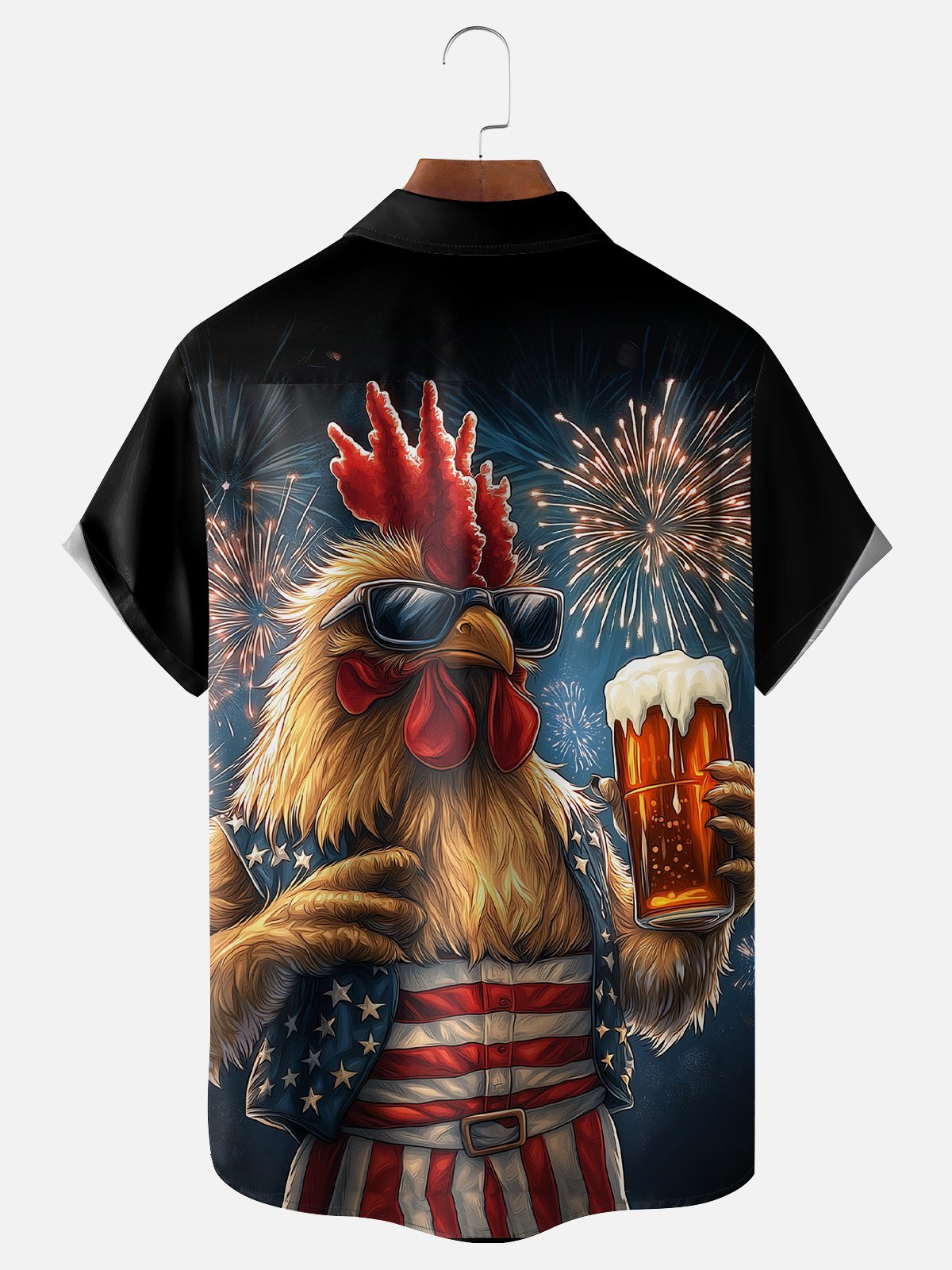 Moisture-wicking American Flag Rooster Beer Chest Pocket Casual Shirt