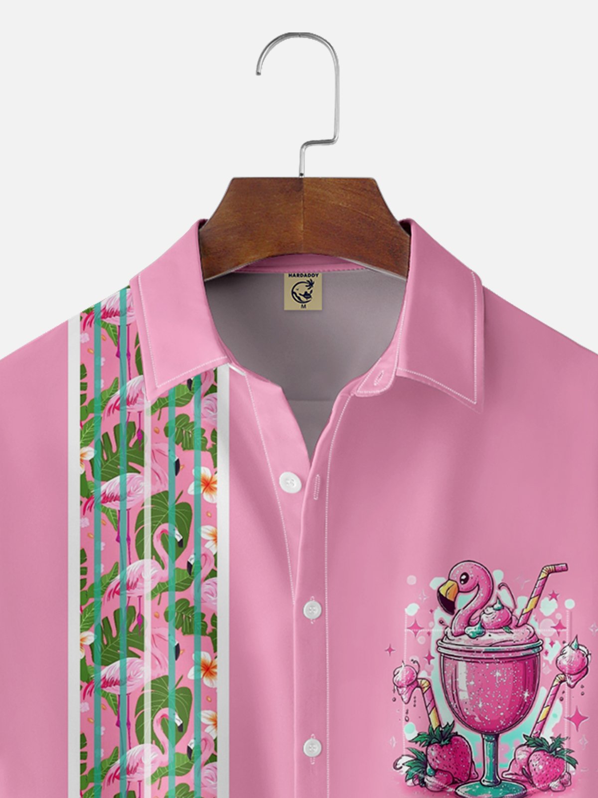 Moisture-wicking Tropical Flamingo Chest Pocket Bowling Shirt