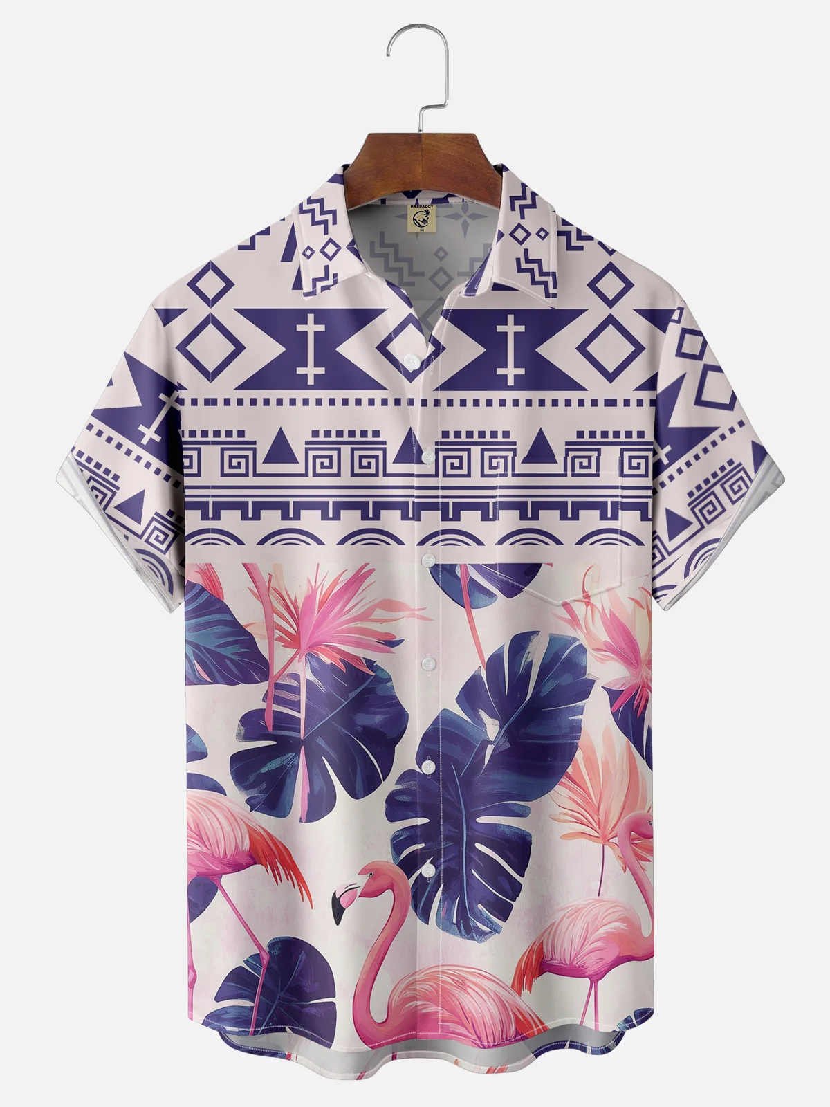 Moisture-wicking Tropical Flamingo Geomatric Chest Pocket Hawaiian Shirt