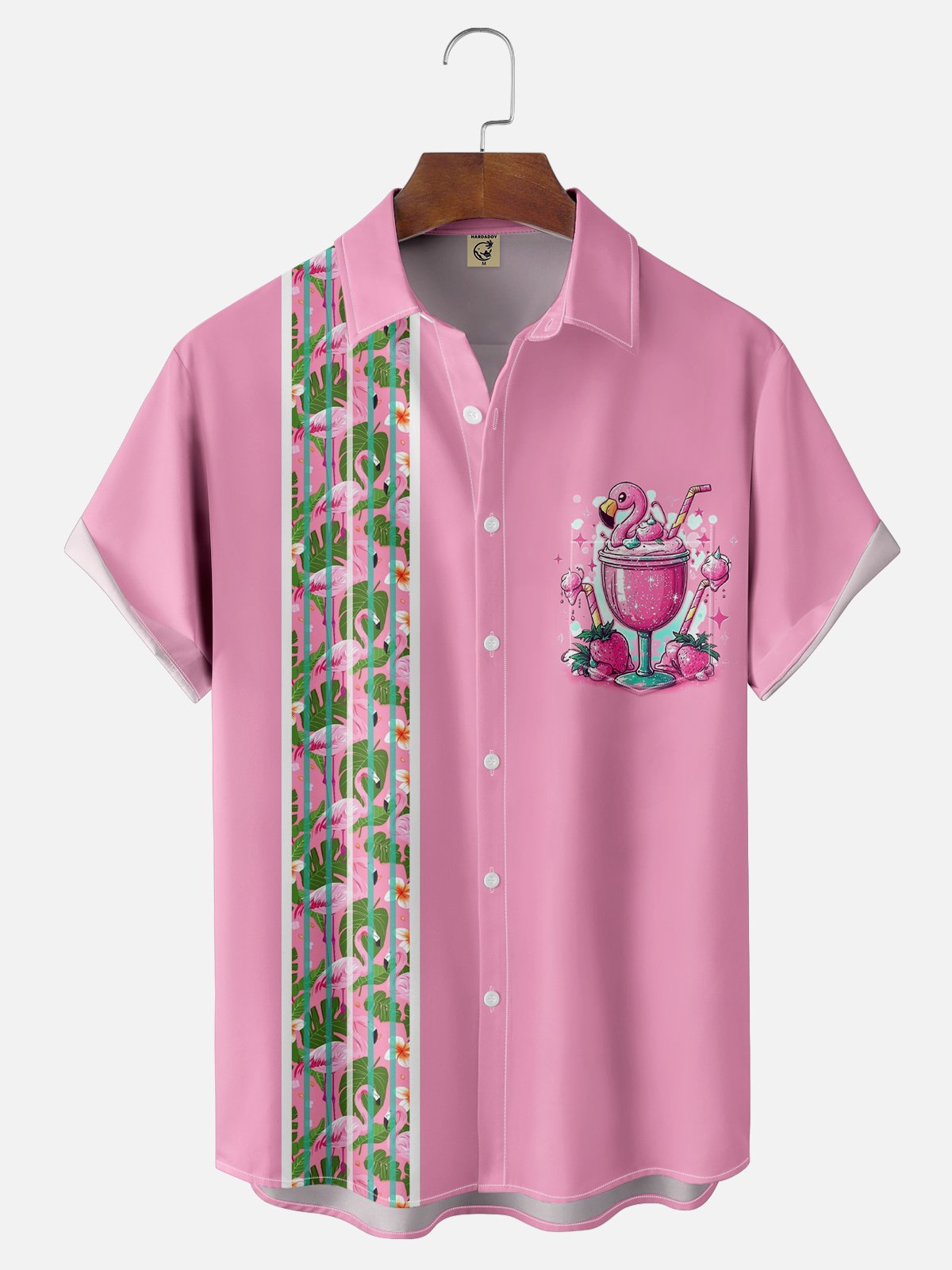 Moisture-wicking Tropical Flamingo Chest Pocket Bowling Shirt