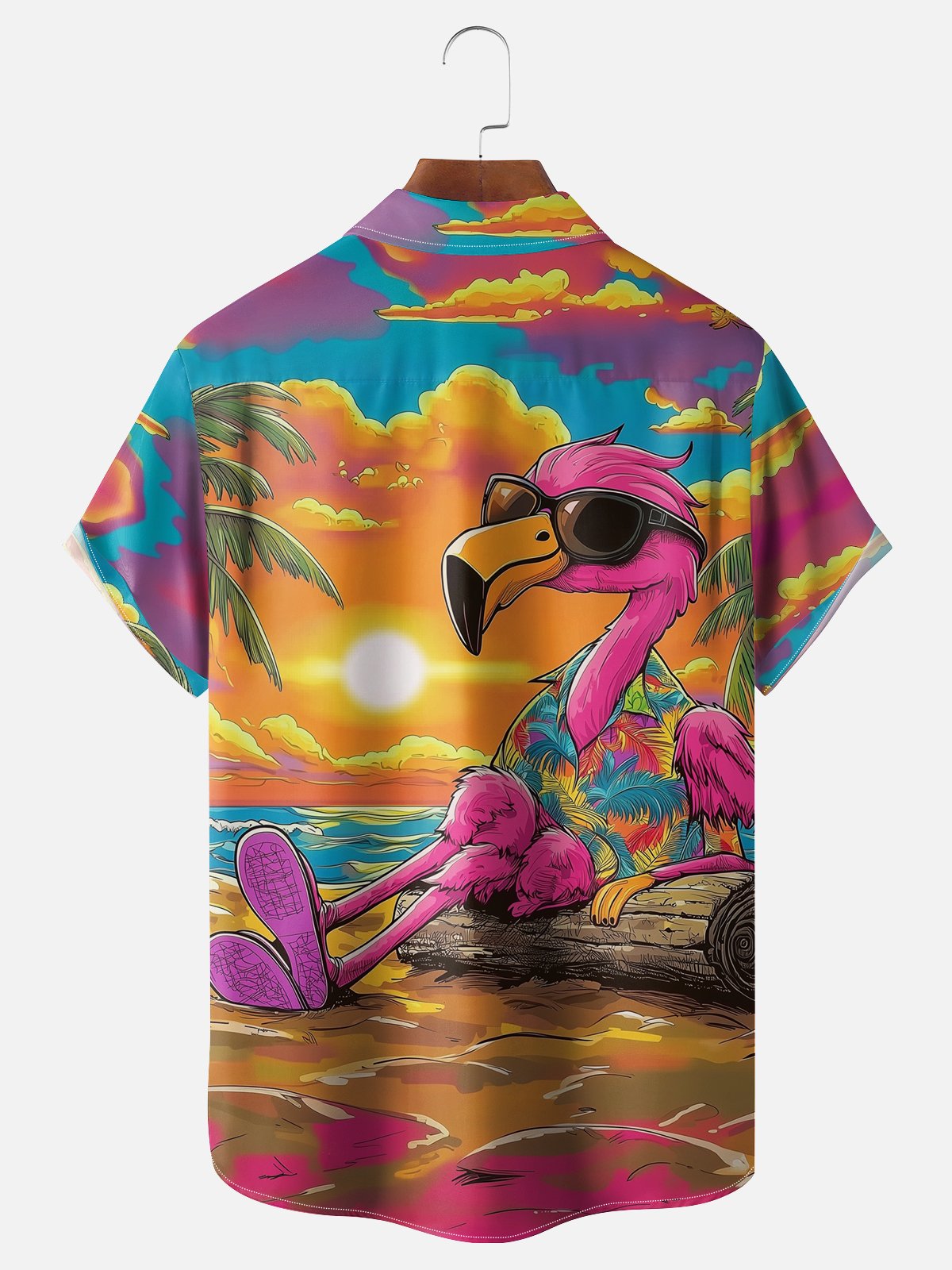 Moisture-wicking Palm Tree Flamingo Chest Pocket Hawaiian Shirt