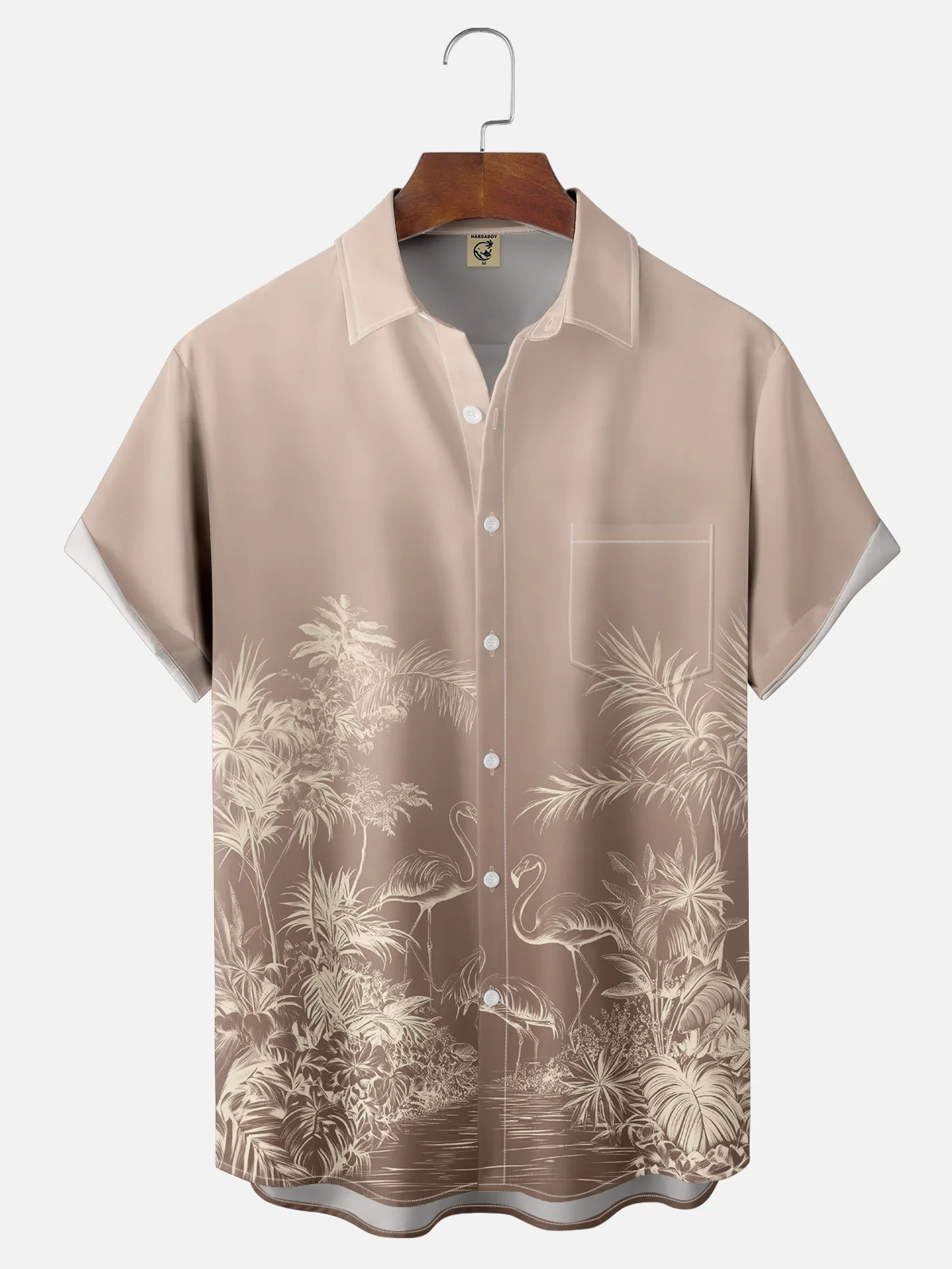 Moisture-wicking Palm Tree Flamingo Chest Pocket Hawaiian Shirt