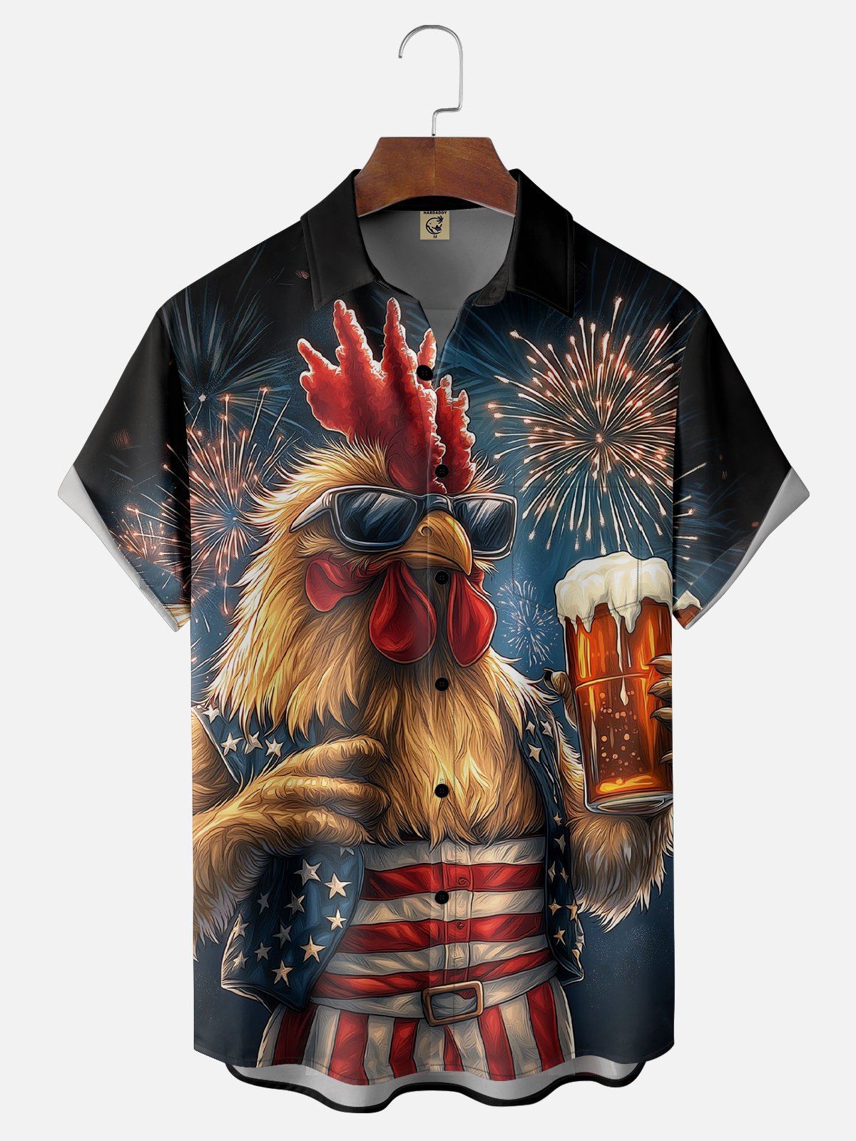 Moisture-wicking American Flag Rooster Beer Chest Pocket Casual Shirt