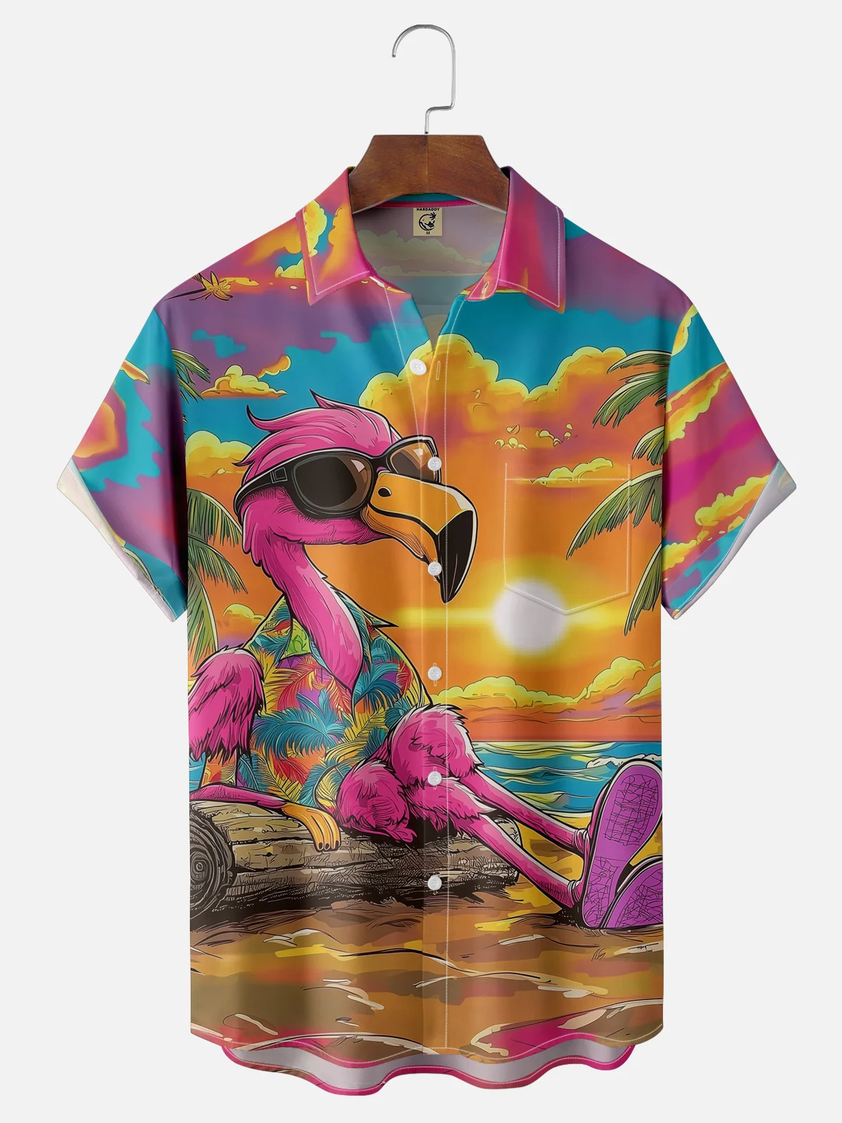 Moisture-wicking Palm Tree Flamingo Chest Pocket Hawaiian Shirt