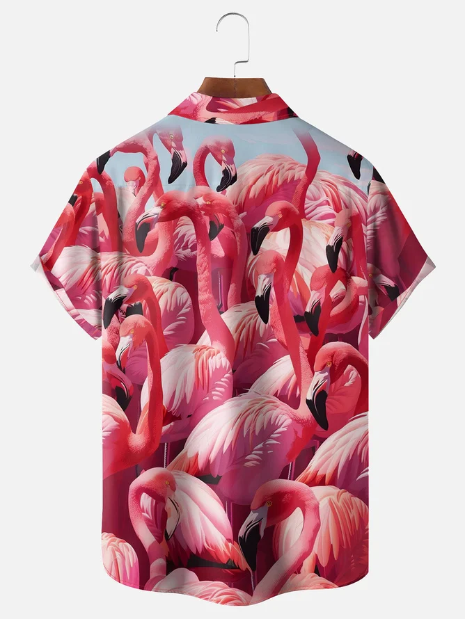 Tall Size Moisture-wicking Pink Flamingo Chest Pocket Hawaiian Shirt