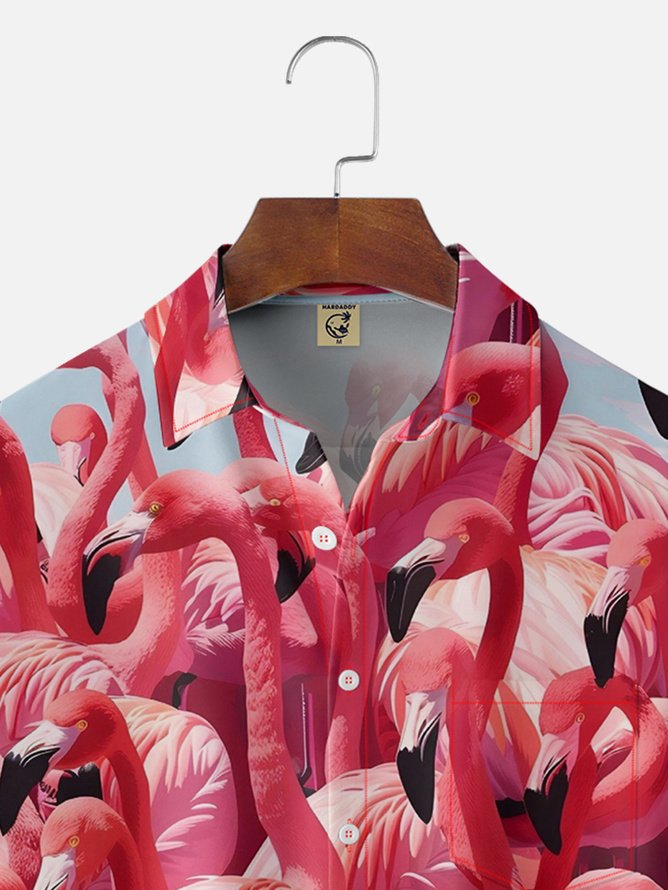 Tall Size Moisture-wicking Pink Flamingo Chest Pocket Hawaiian Shirt