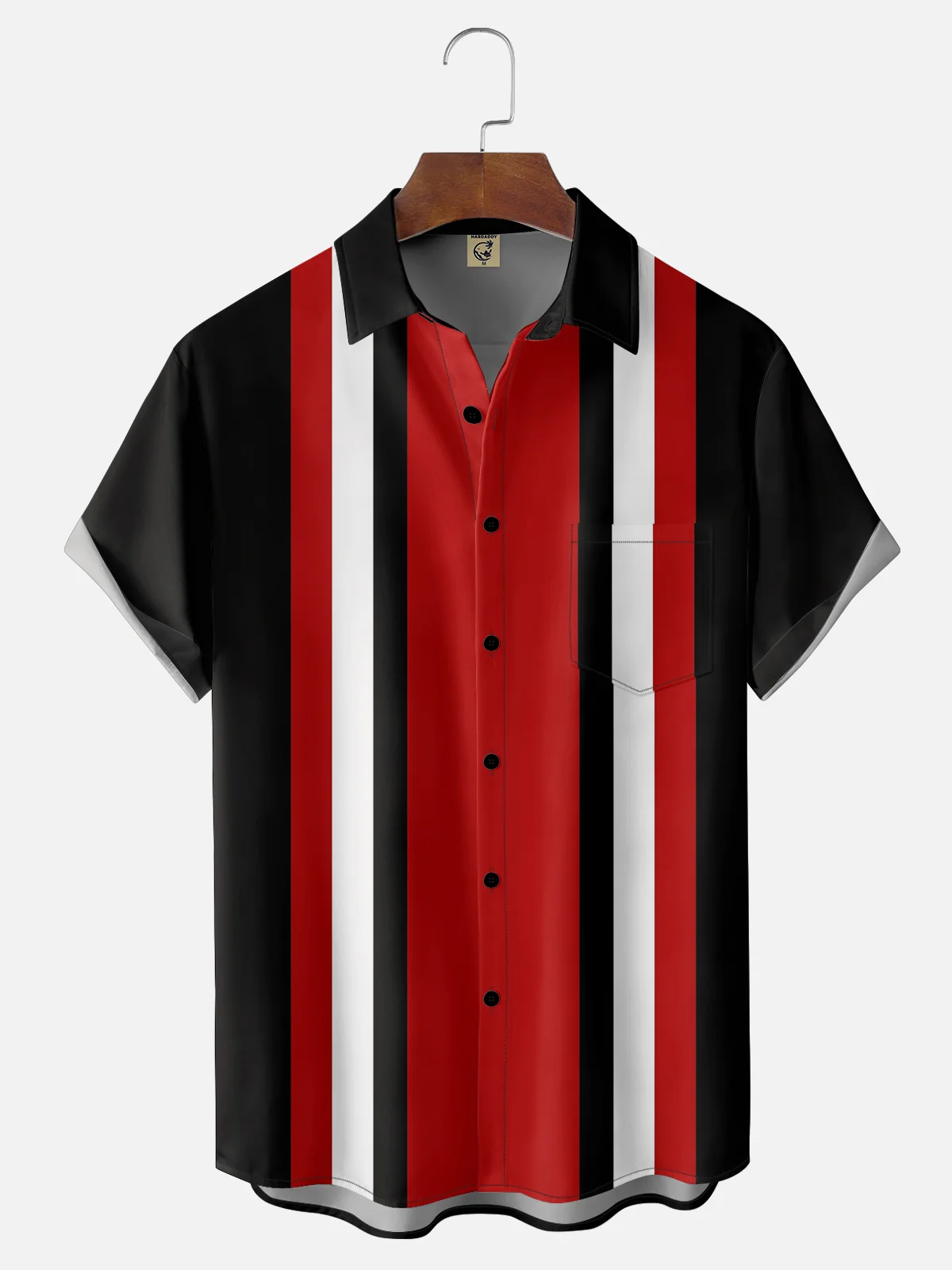 Moisture Wicking Striped Black Red White Chest Pocket  Bowling Shirt