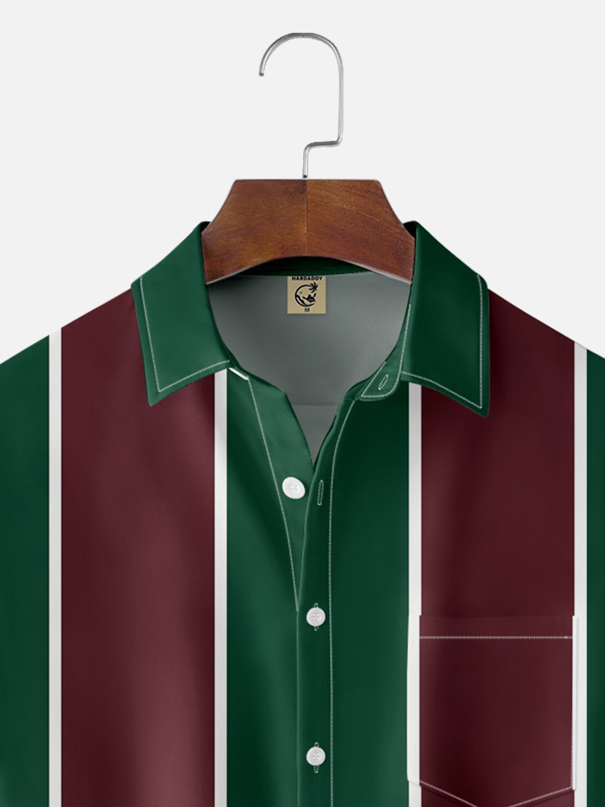 Moisture Wicking Striped Green Red White Chest Pocket  Bowling Shirt