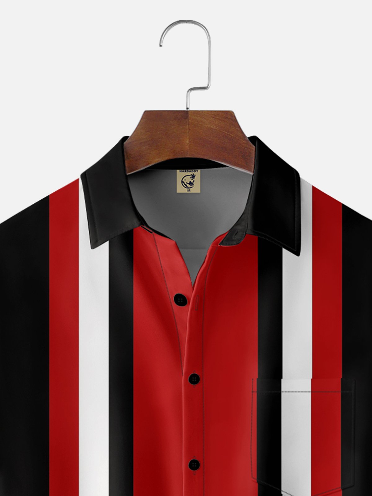 Moisture Wicking Striped Black Red White Chest Pocket  Bowling Shirt