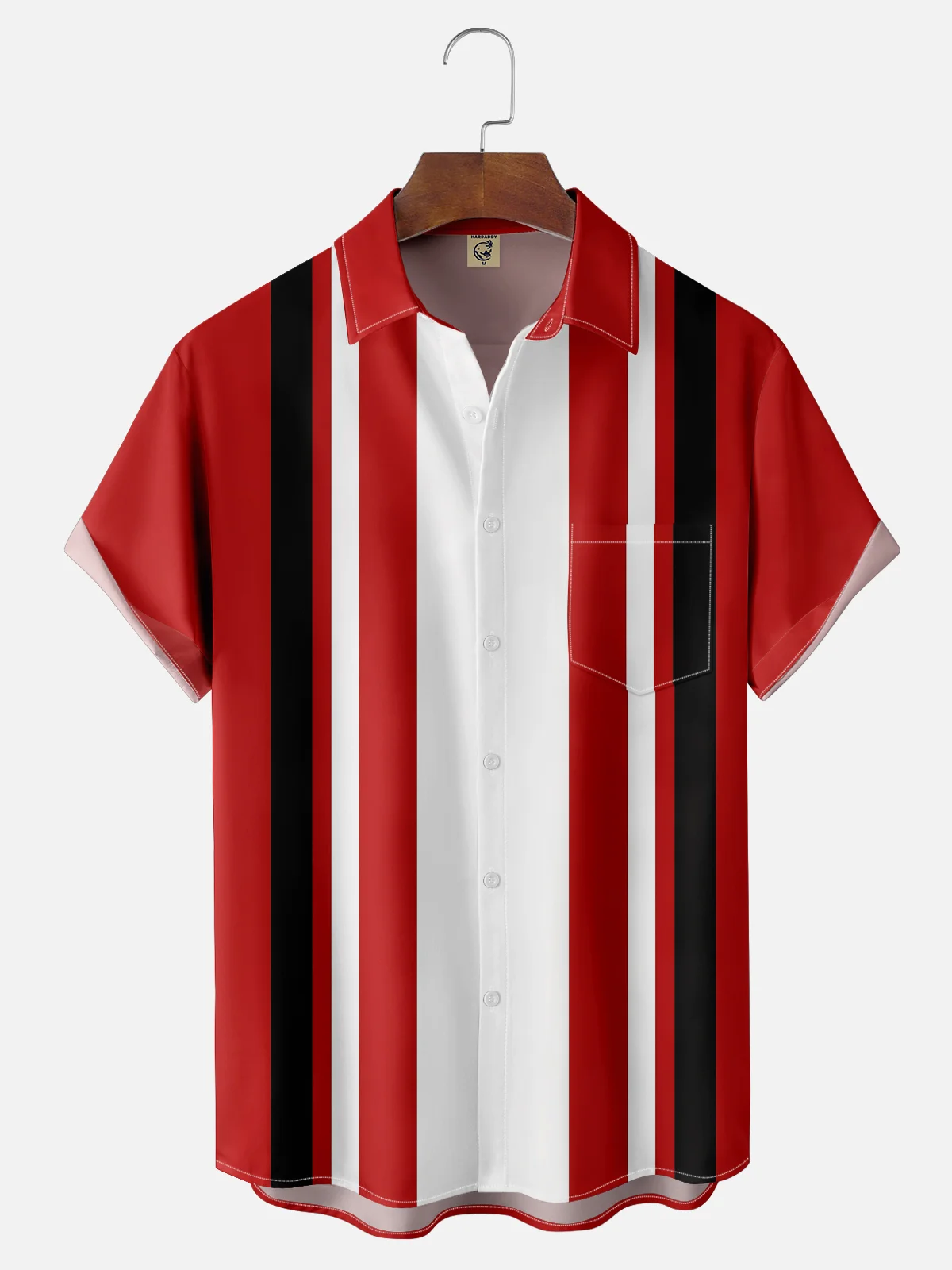 Moisture Wicking Striped Red and White Chest Pocket  Bowling Shirt