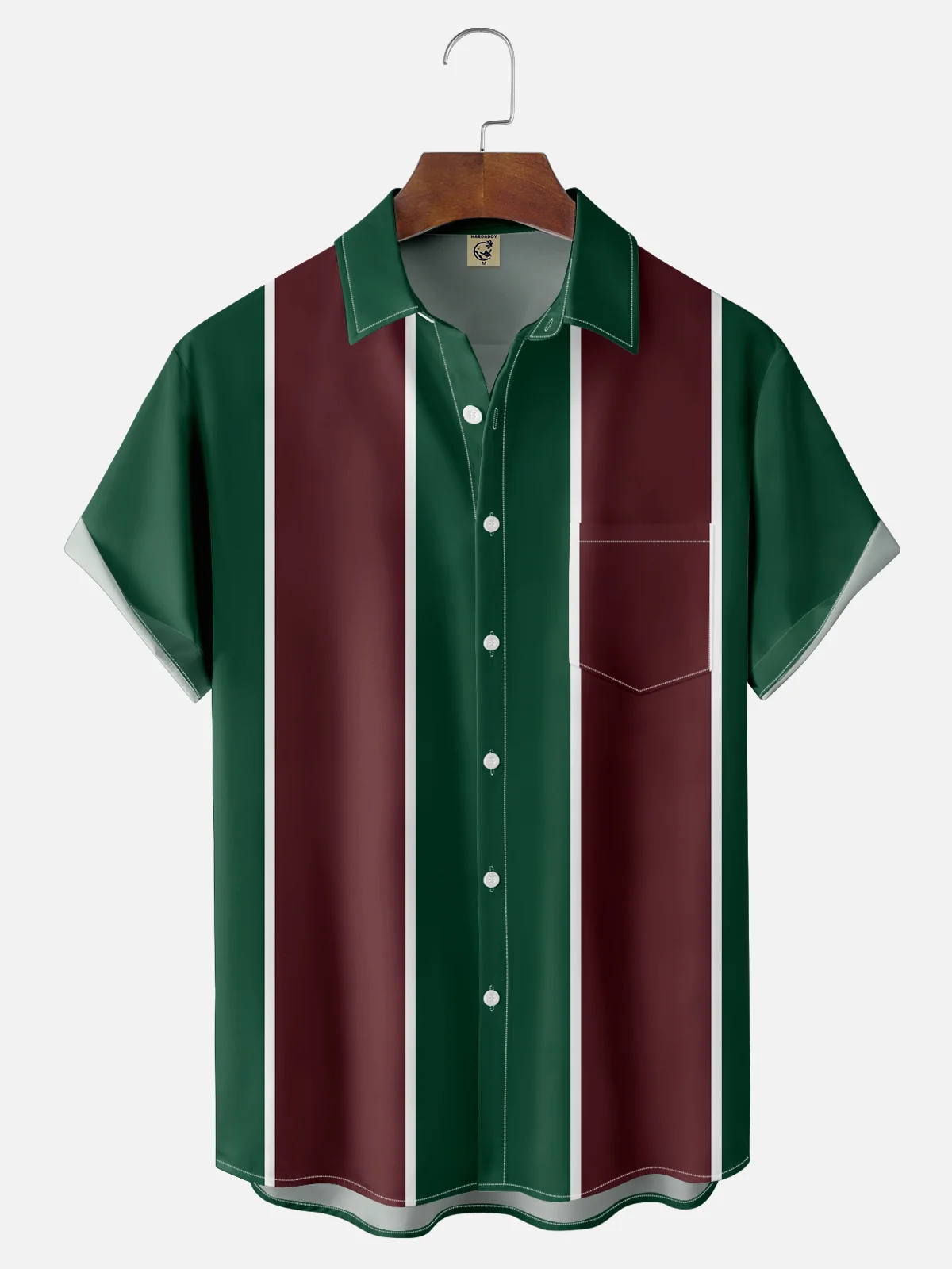 Moisture Wicking Striped Green Red White Chest Pocket  Bowling Shirt