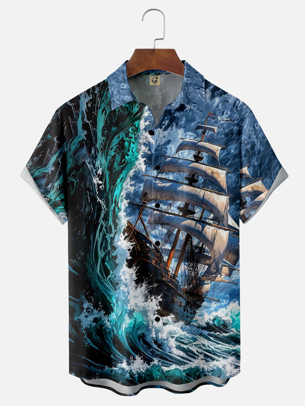 Moisture-wicking Pirate Ship Ocean Waves Chest Pocket Casual Shirt