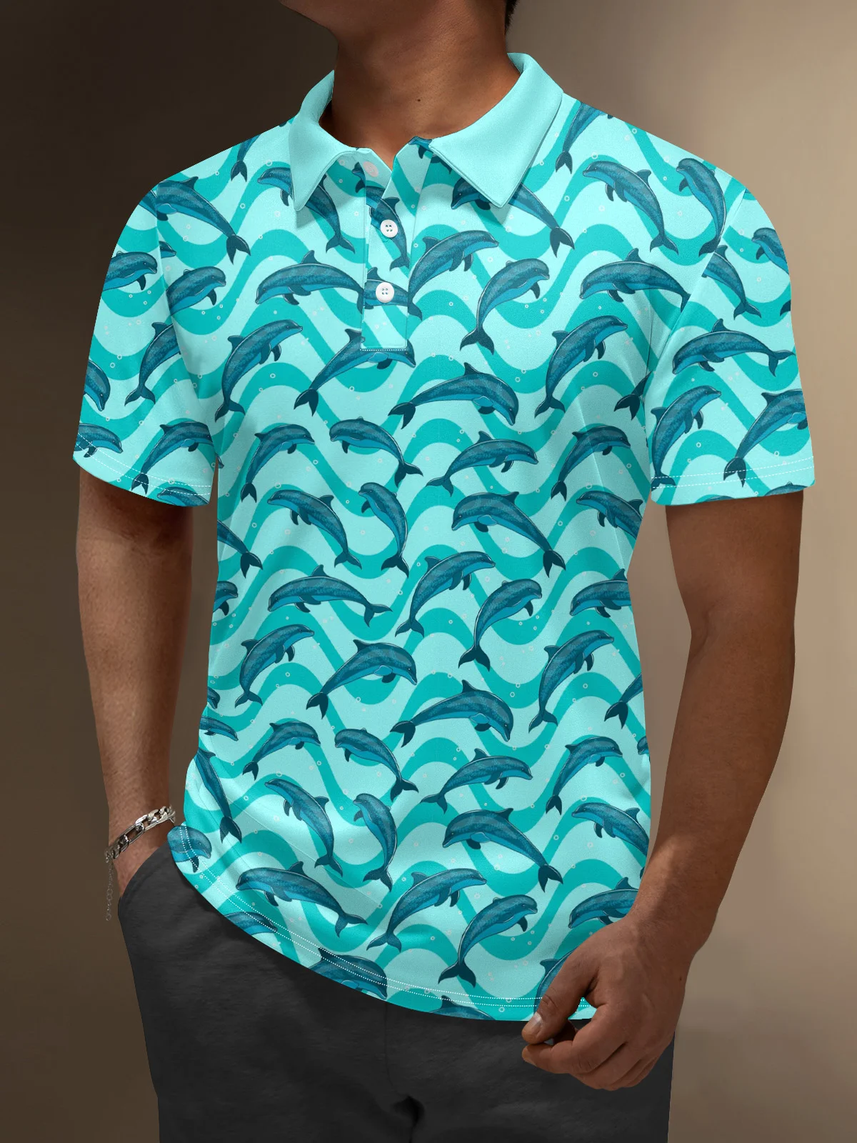 Moisture Wicking Ocean Dolphin Geometric Waves Golf Polo