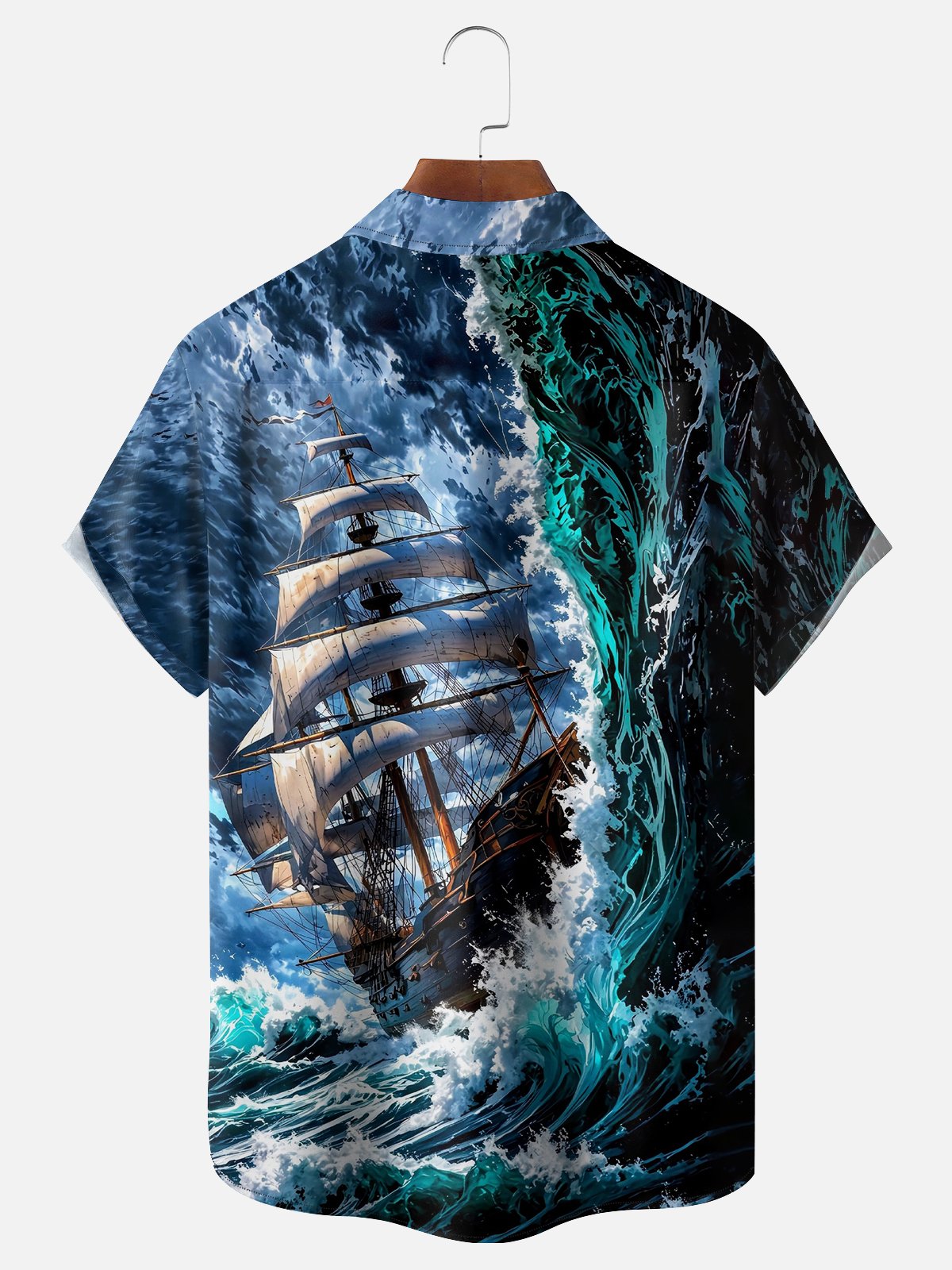 Moisture-wicking Pirate Ship Ocean Waves Chest Pocket Casual Shirt