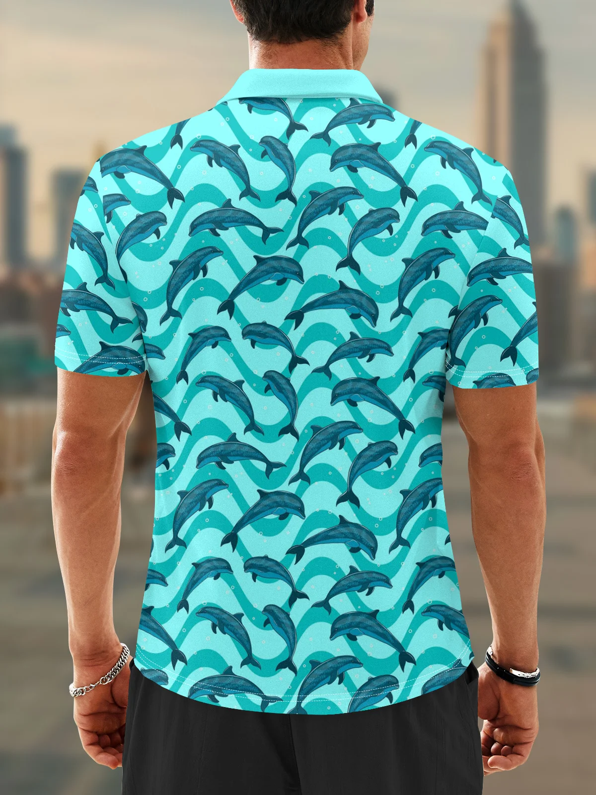 Moisture Wicking Ocean Dolphin Geometric Waves Golf Polo