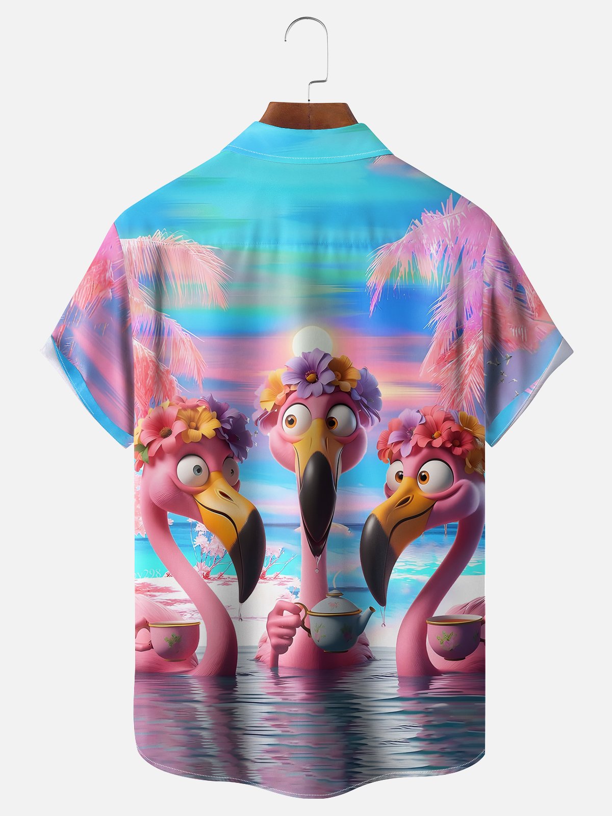 Moisture-wicking Fun Flamingo Afternoon Tea Art Young Pink Chest Pocket Hawaiian Shirt