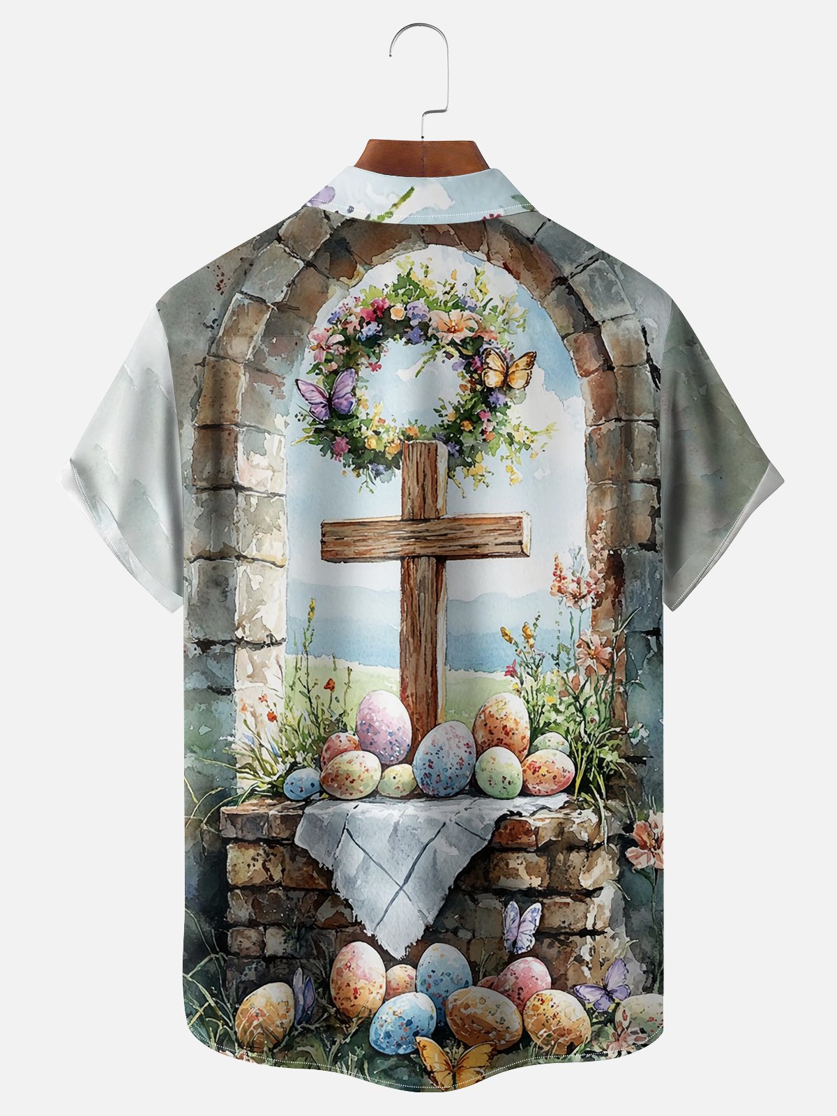 Moisture-wicking Happy Easter Egg Cross Art Chest Pocket Casual Shirt