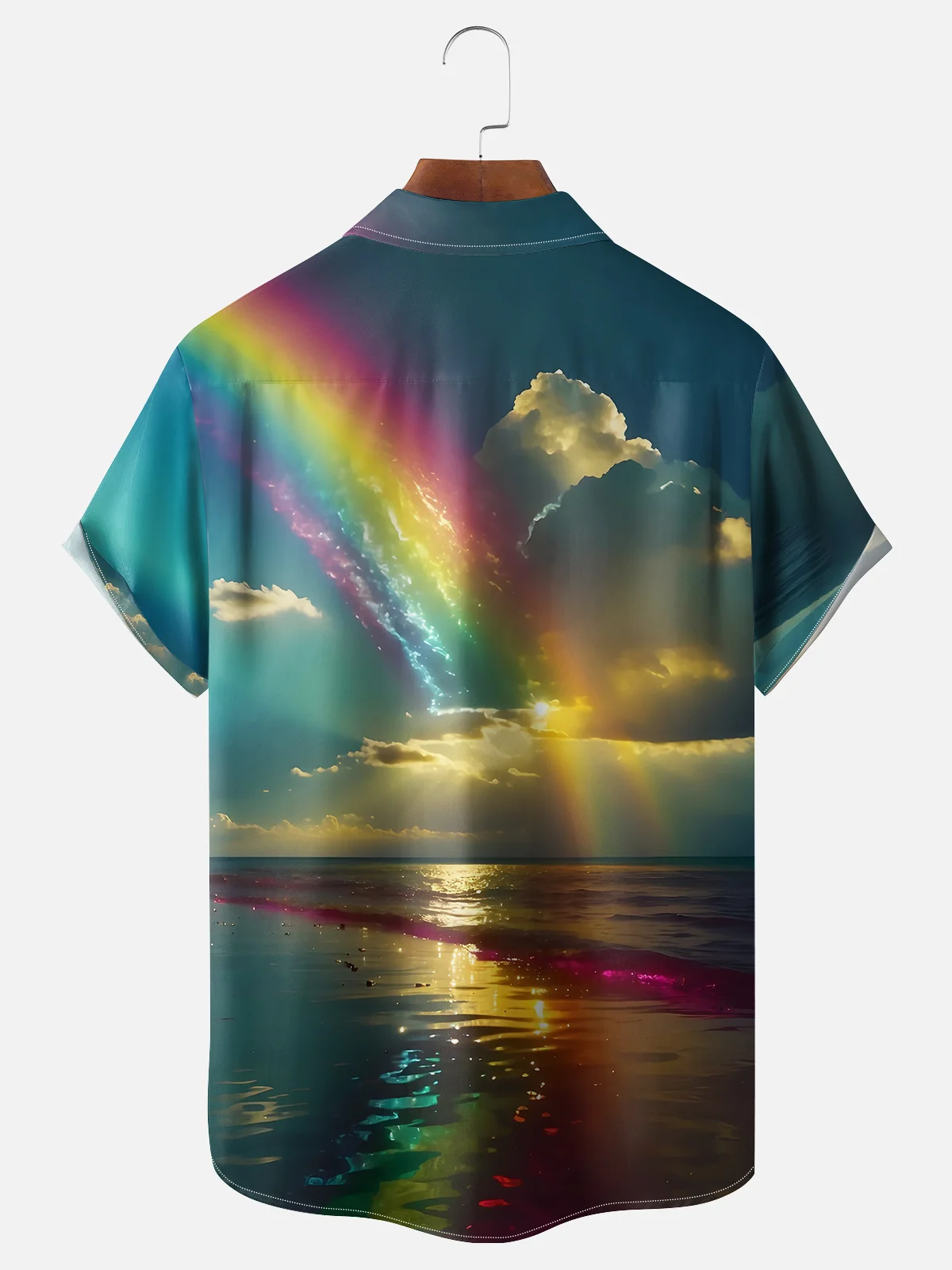 Moisture-wicking Fun Dreamy Beach Rainbow Chest Pocket Hawaiian Shirt