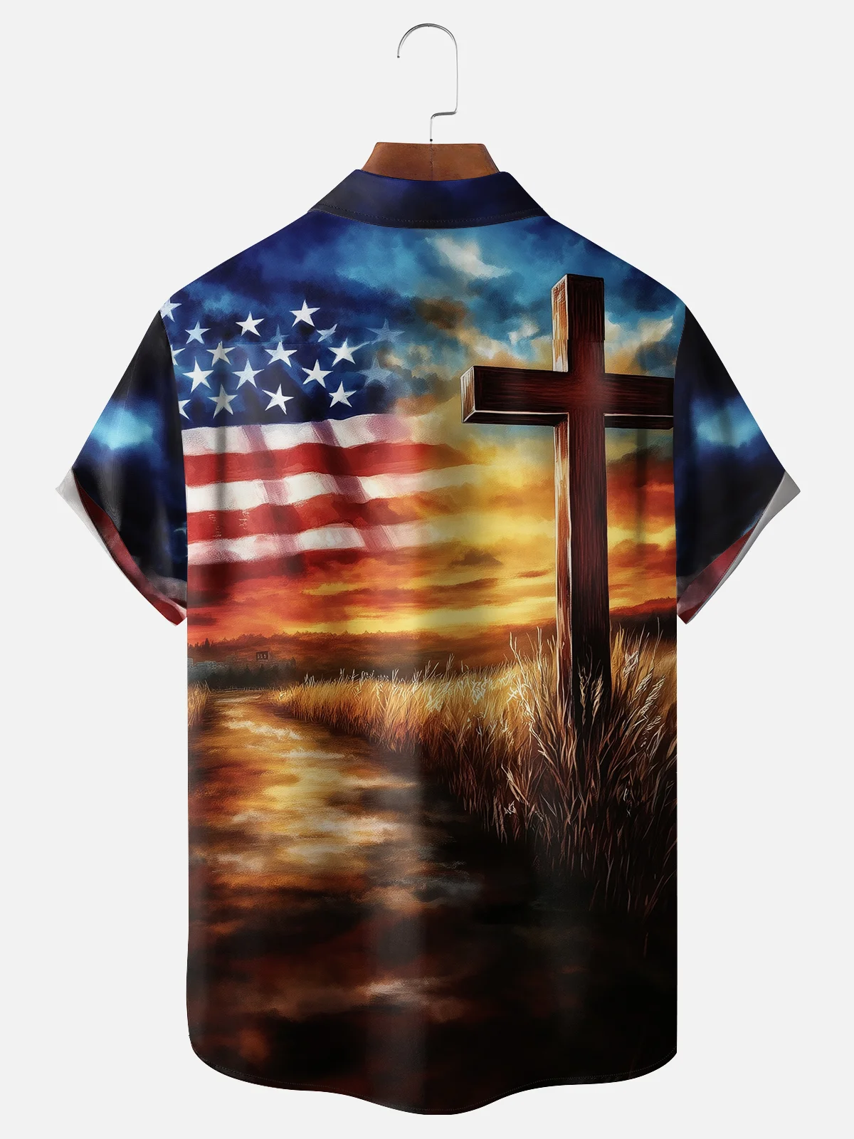 Moisture-wicking American Flag Cross Chest Pocket Casual Shirt
