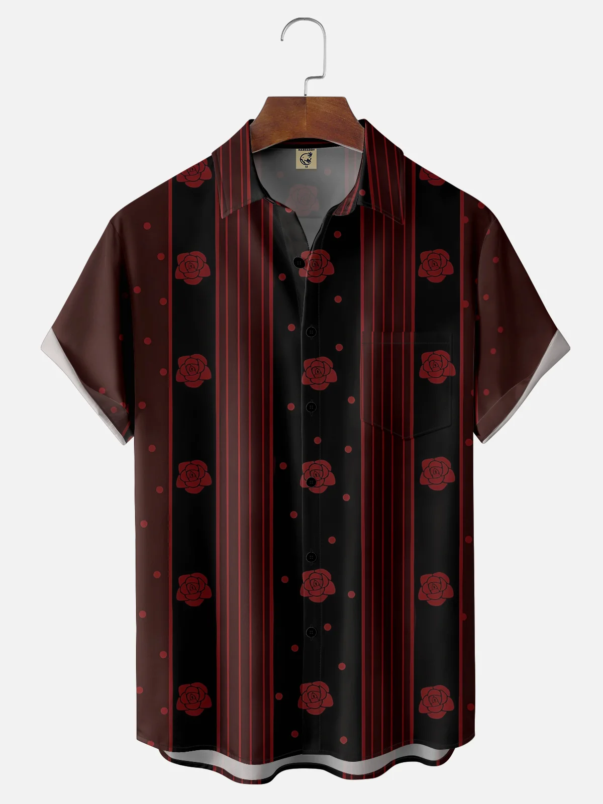 PMoisture-wicking Young Fashion Rose Art Chest Pocket Bowling Shirt