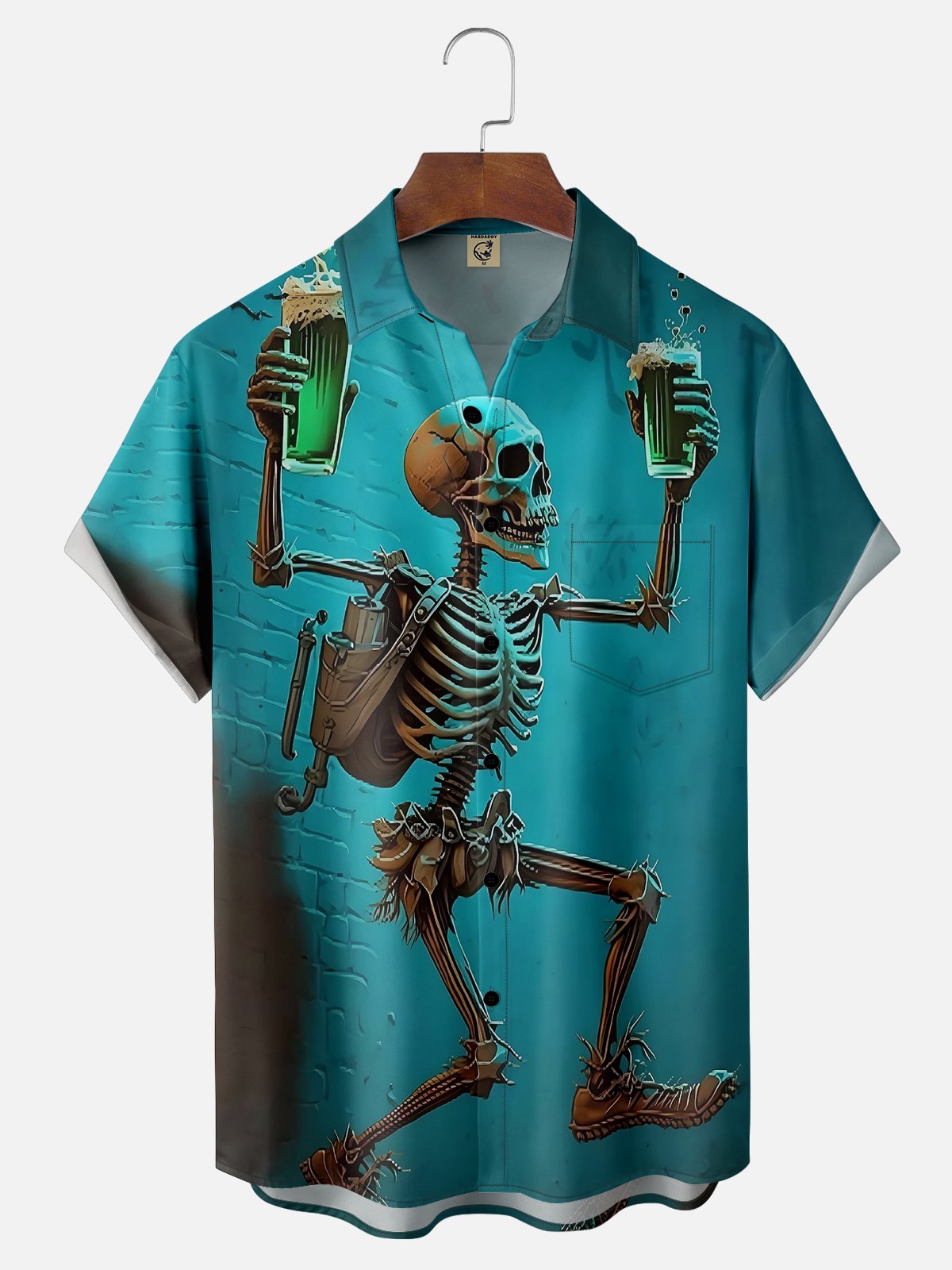 Moisture-wicking St. Patrick's Day Funny Skull Green Beer Chest Pocket Casual Shirt