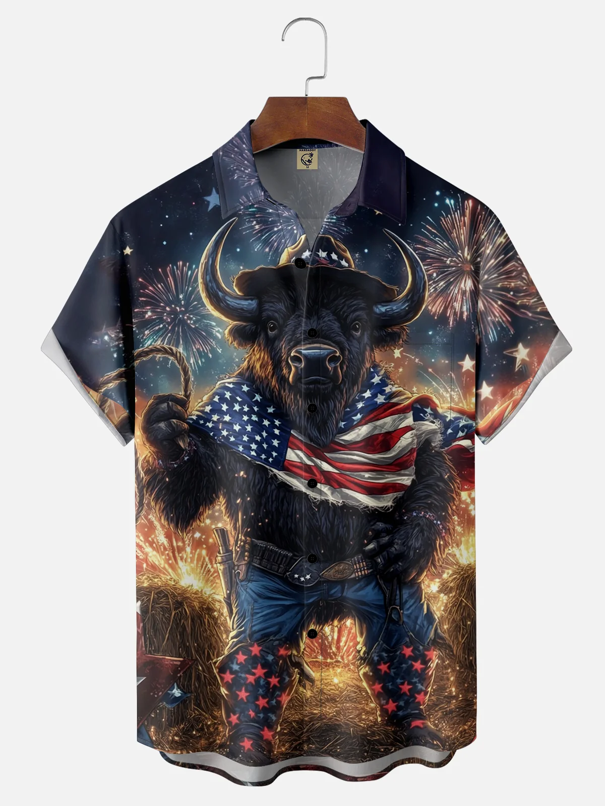 Moisture-wicking American Flag Bull Cowboy Chest Pocket Casual Shirt