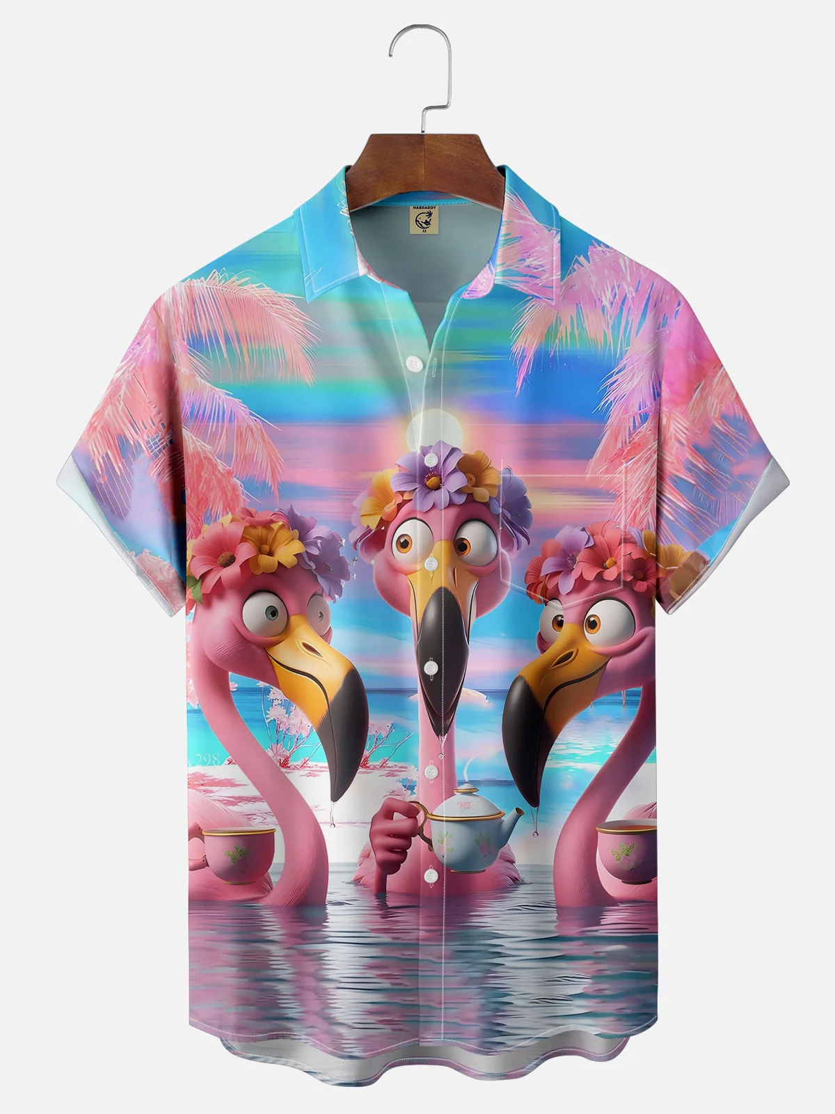 Moisture-wicking Fun Flamingo Afternoon Tea Art Young Pink Chest Pocket Hawaiian Shirt