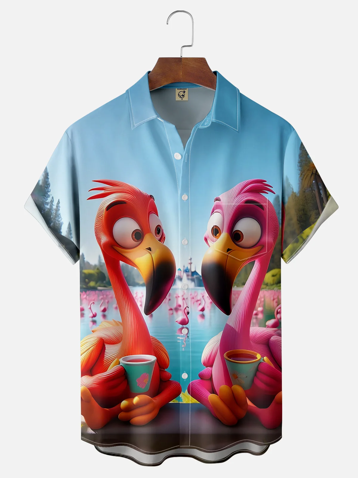 Moisture-wicking Fun Flamingo Afternoon Tea Blue Chest Pocket Hawaiian Shirt