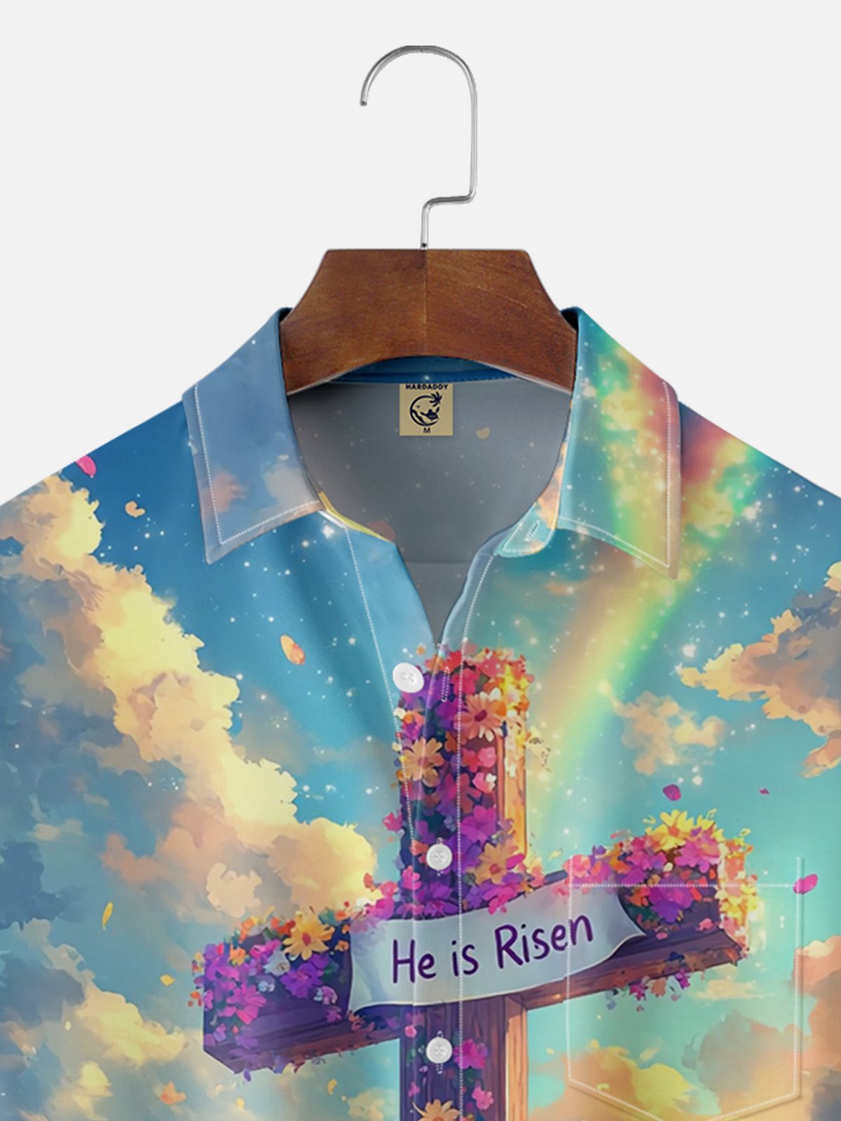 Moisture-wicking Happy Easter "HE IS RISEN" Egg Cross Art Chest Pocket Casual Shirt