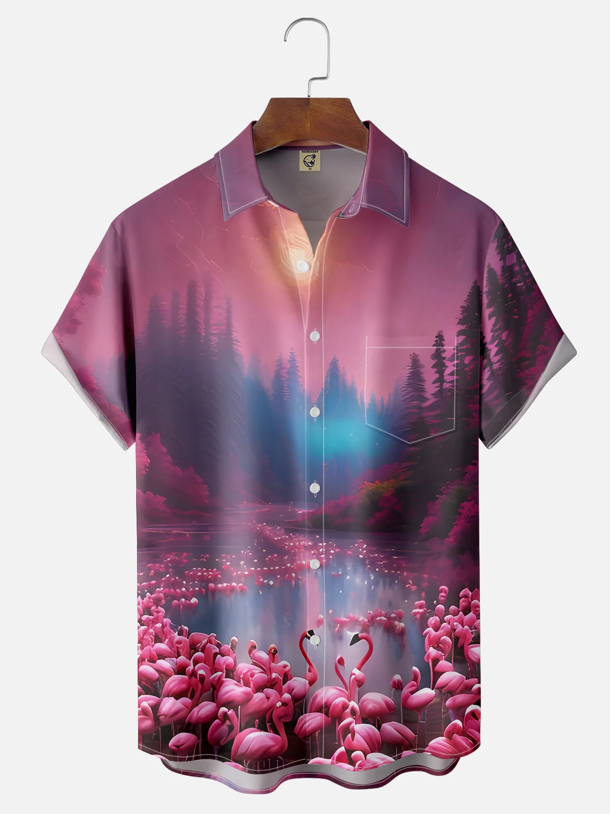 Moisture-wicking Art Flamingo Vibe Young Pink Chest Pocket Hawaiian Shirt