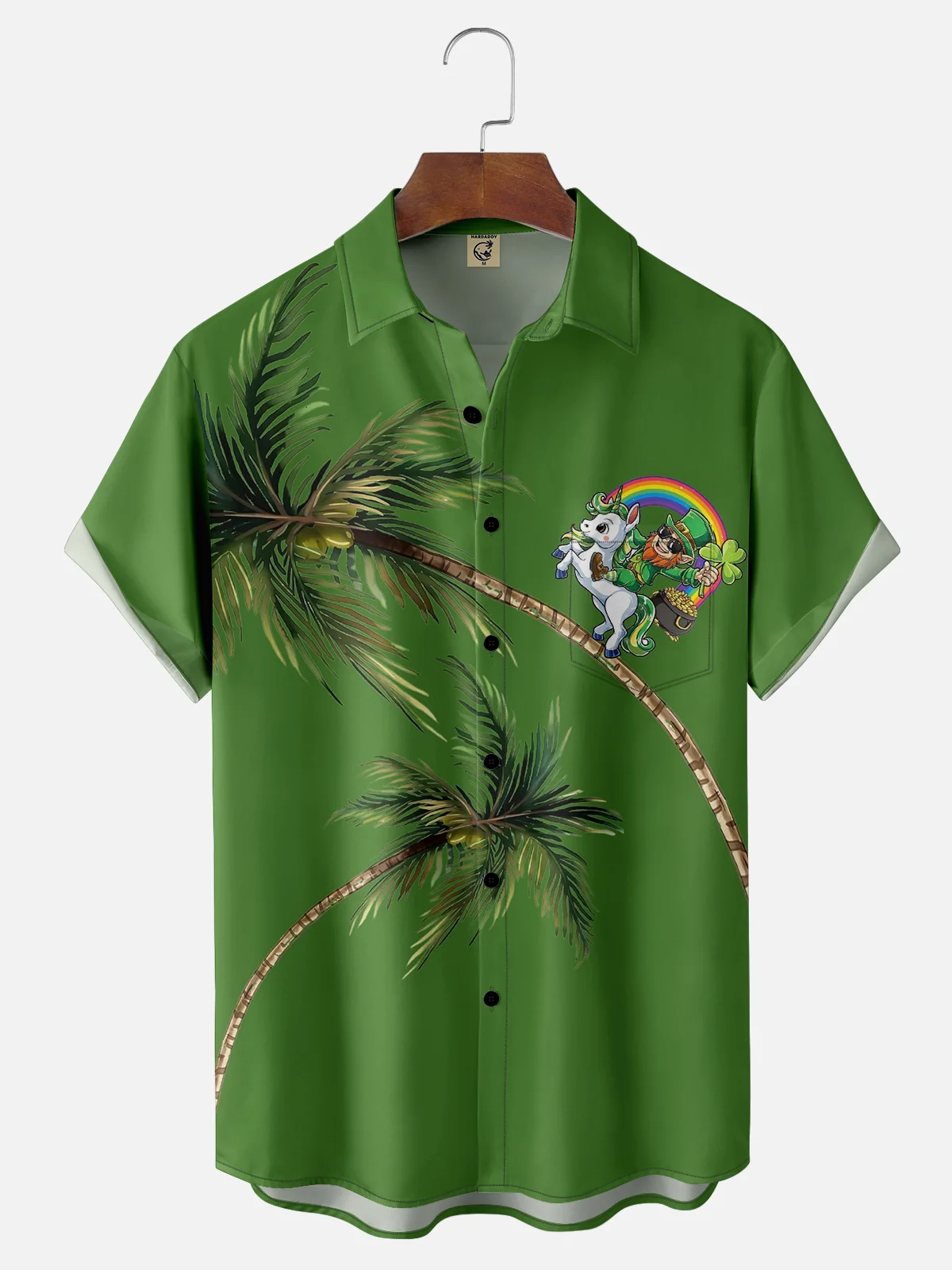 Moisture-wicking St. Patrick's Day Gnome Coconut Tree Four-Leaf Clover Green Chest Pocket Casual Shirt