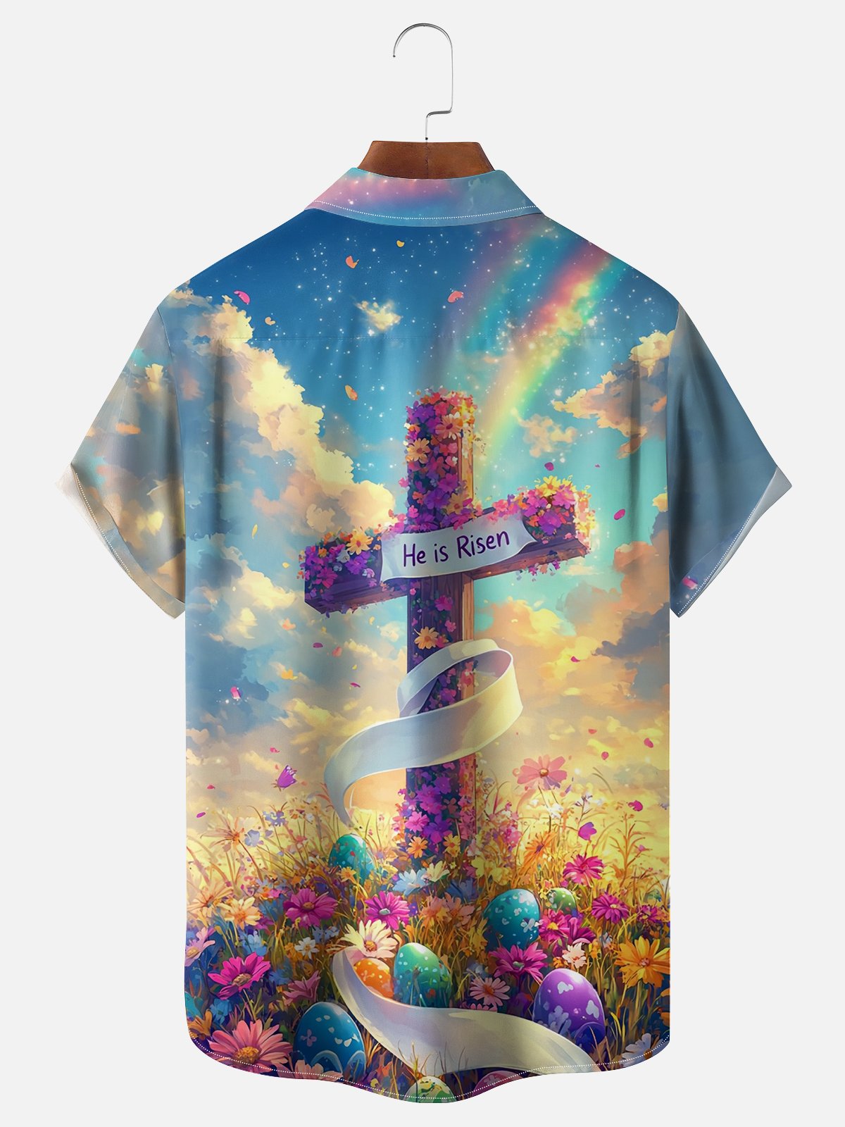 Moisture-wicking Happy Easter "HE IS RISEN" Egg Cross Art Chest Pocket Casual Shirt