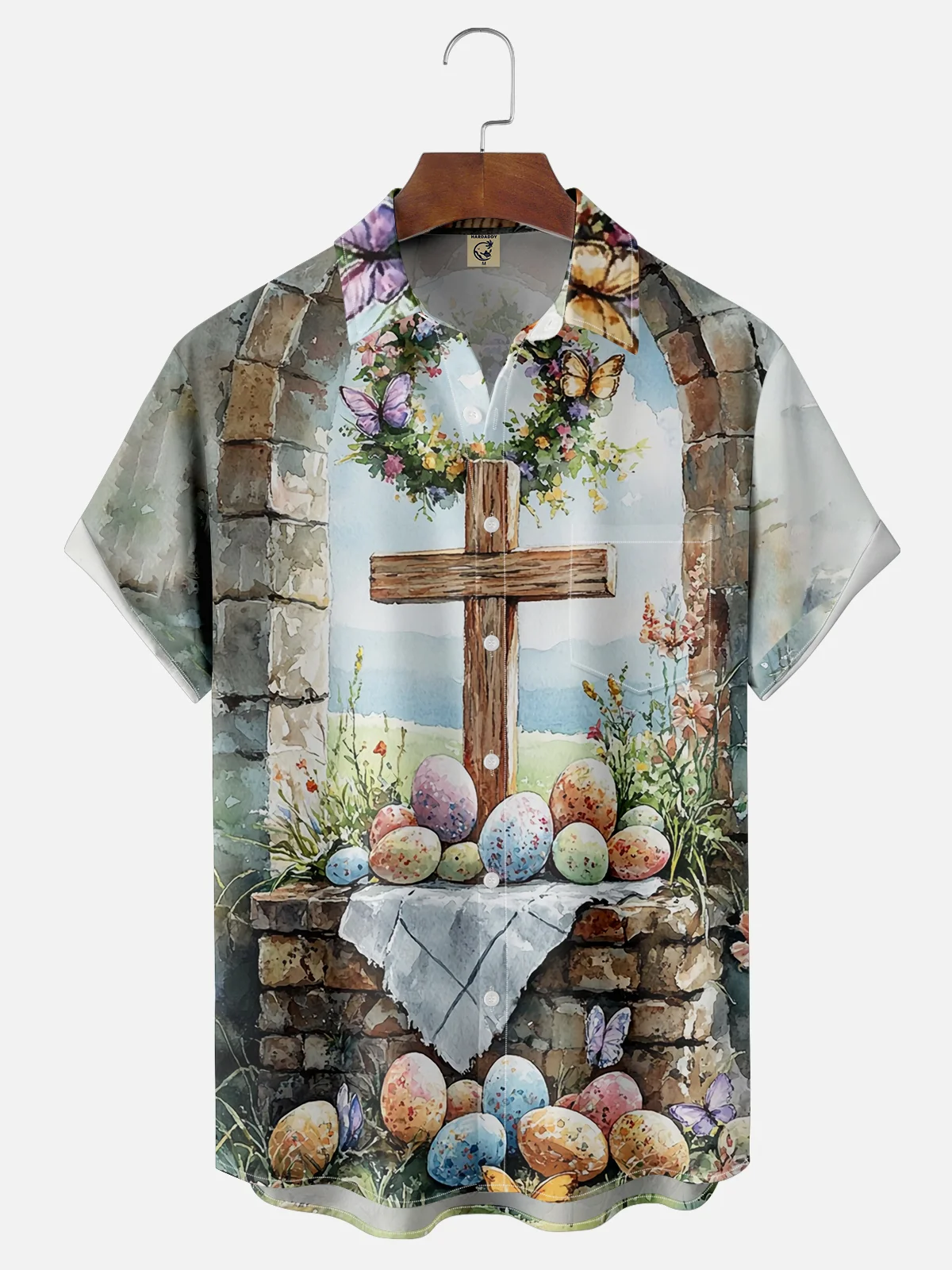 Moisture-wicking Happy Easter Egg Cross Art Chest Pocket Casual Shirt