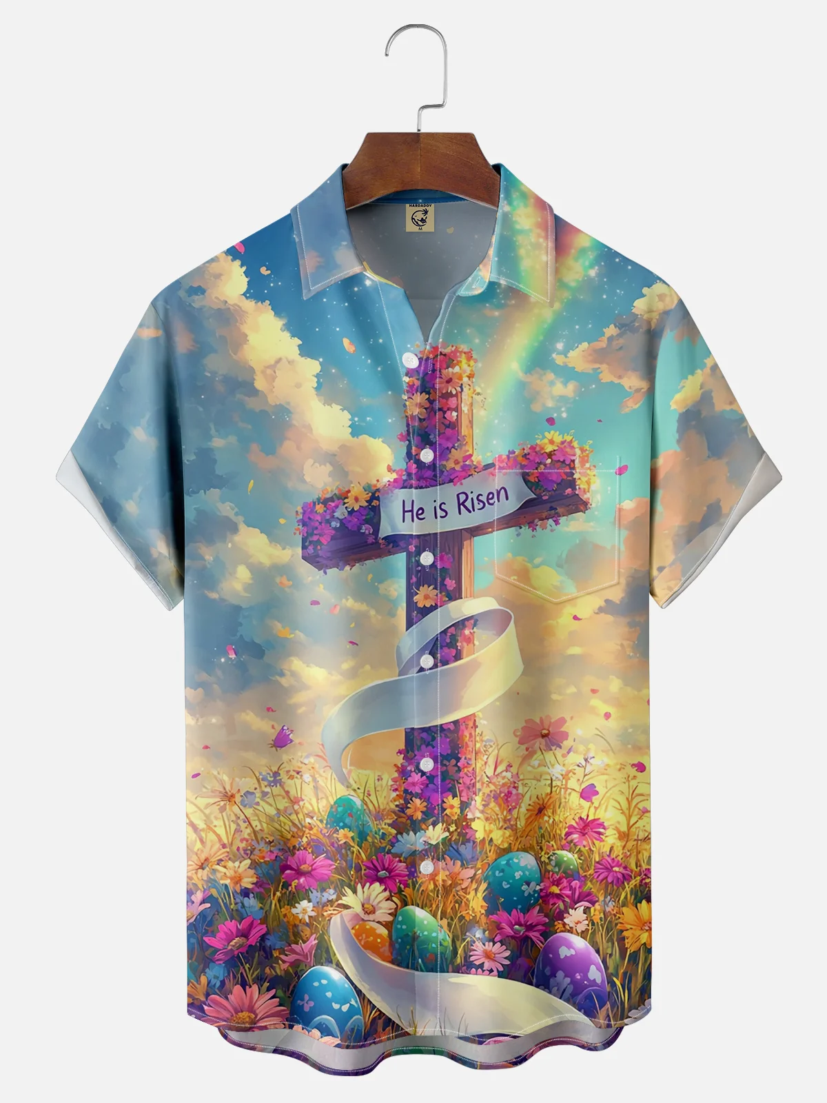 Moisture-wicking Happy Easter "HE IS RISEN" Egg Cross Art Chest Pocket Casual Shirt