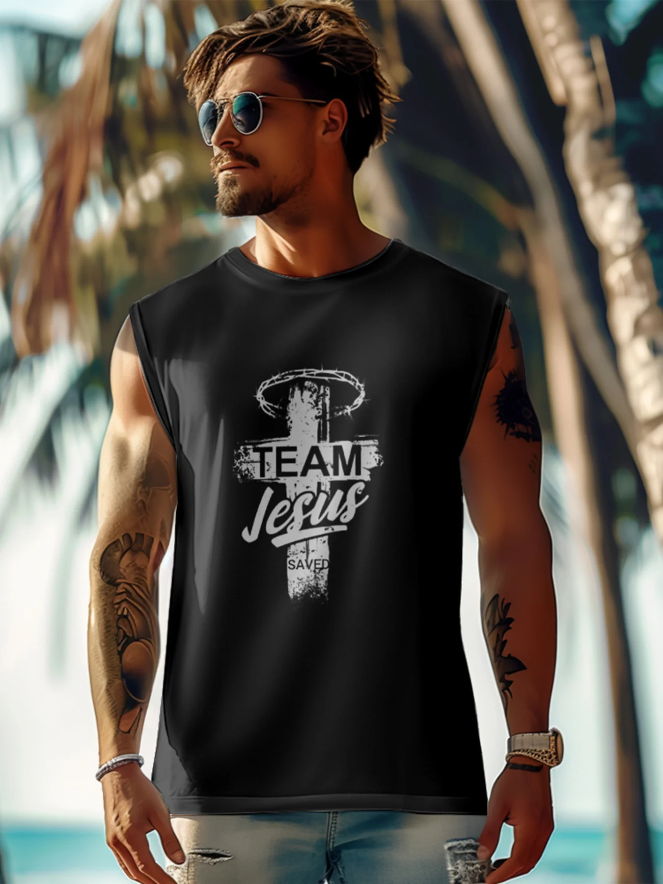 Mens Crewneck Tank Tops Team Jesus Saved Cross Easter Sleeveless Shirt