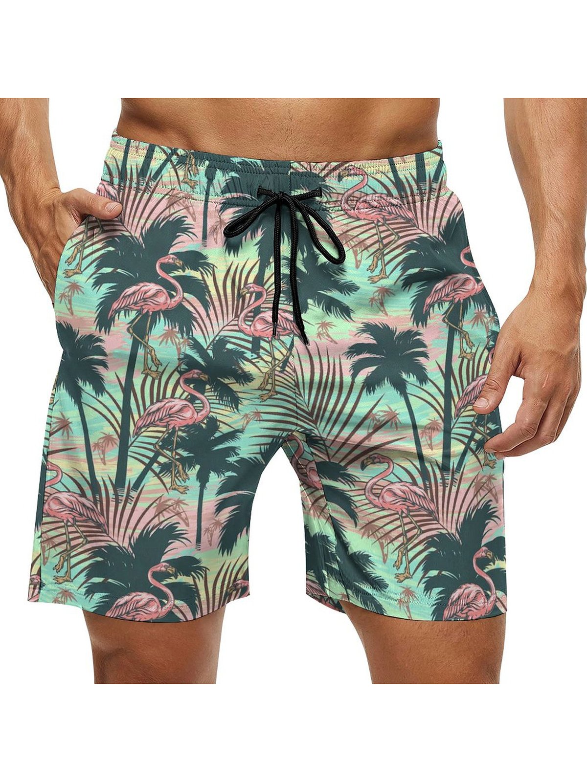 Men's Swim Trunks Hawaiian Tropical Palm Tree Flamingo Beach Shorts with Pockets