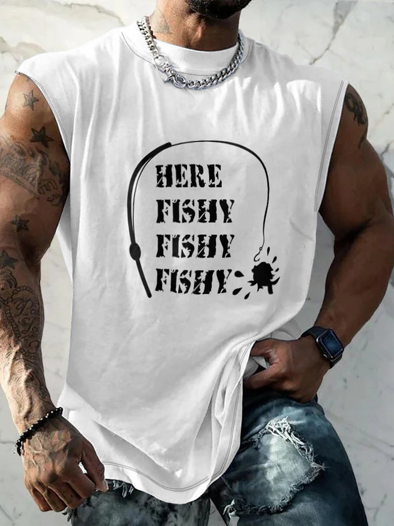 Mens Crewneck Tank Tops Fishing Here Fishy Beach Sleeveless Shirts