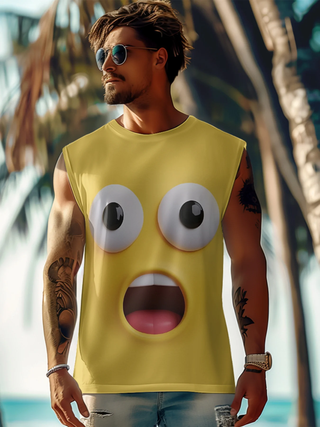 Mens Crewneck Tank Tops Emoticons Beach Sleeveless T-Shirts