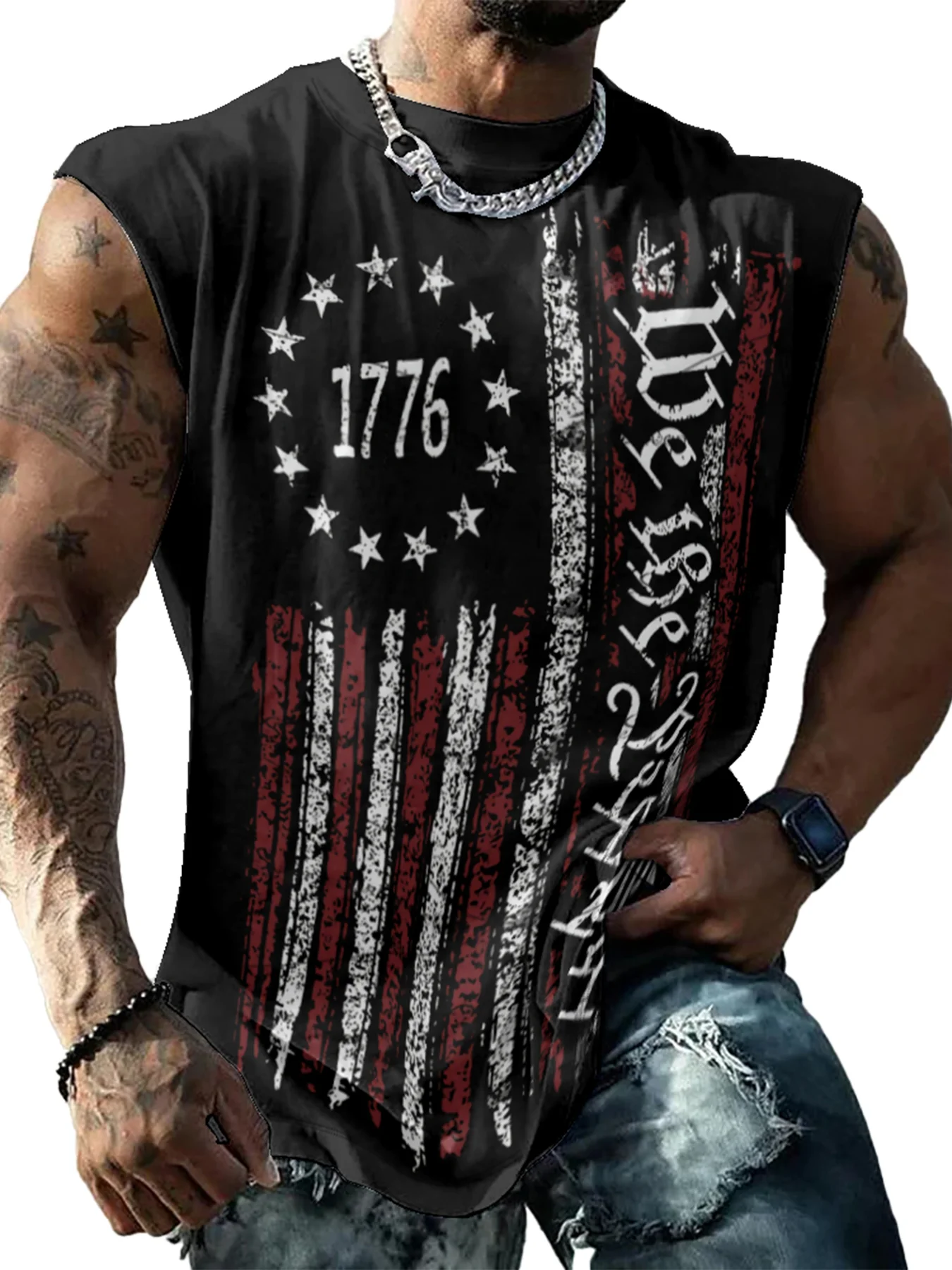 Mens Crewneck Tank Tops American Flag National Patriotic Sleeveless T-Shirt