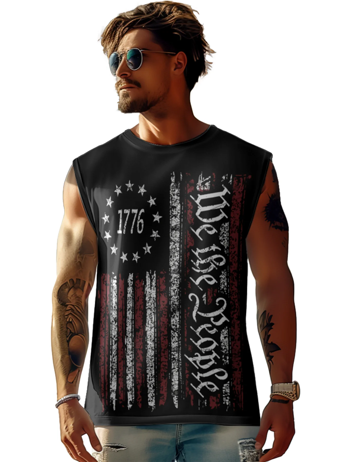 Mens Crewneck Tank Tops American Flag National Patriotic Sleeveless T-Shirt