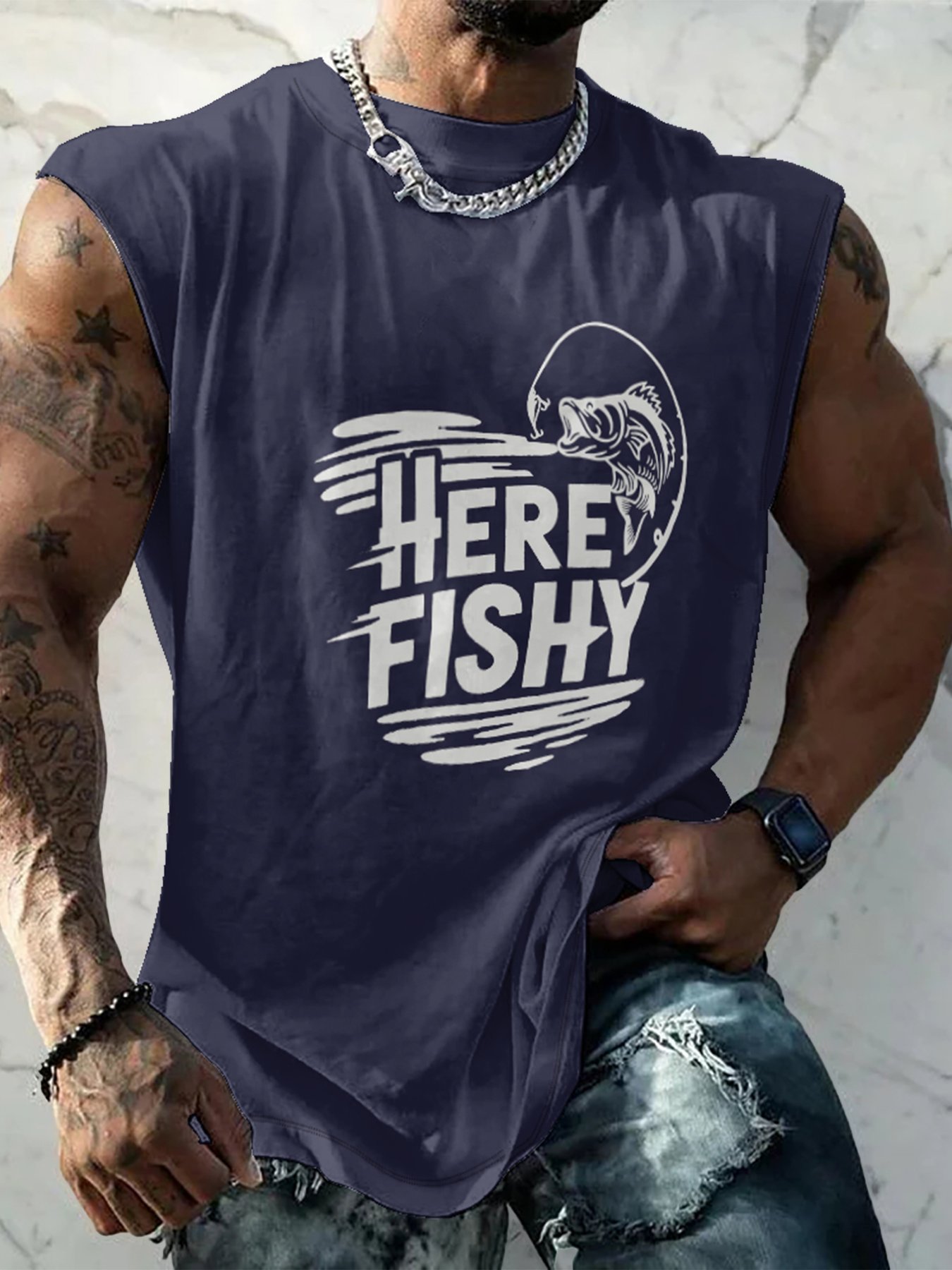 Mens Crewneck Tank Tops Fishing Here Fishy Beach Sleeveless Shirts