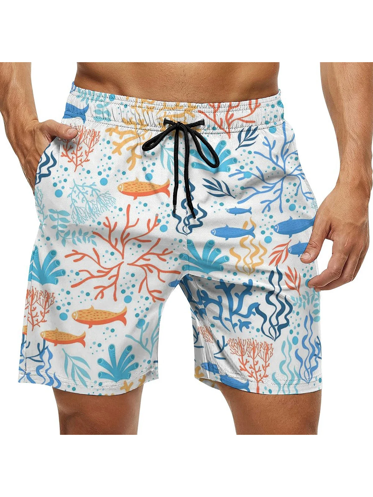 Men's Swim Trunks Hawaiian Marine Coral Fish Beach Shorts with Pockets