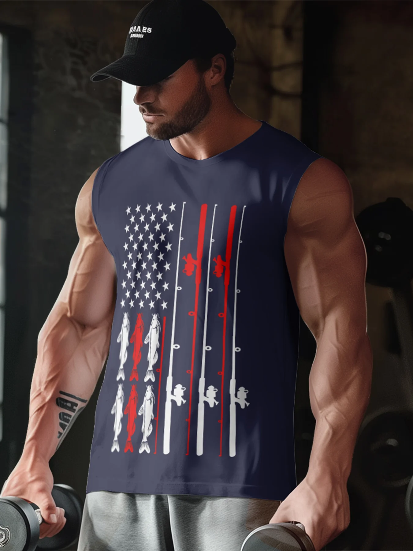 Mens Crewneck Tank Tops American Flag Fishing Patriotic Sleeveless T-Shirt