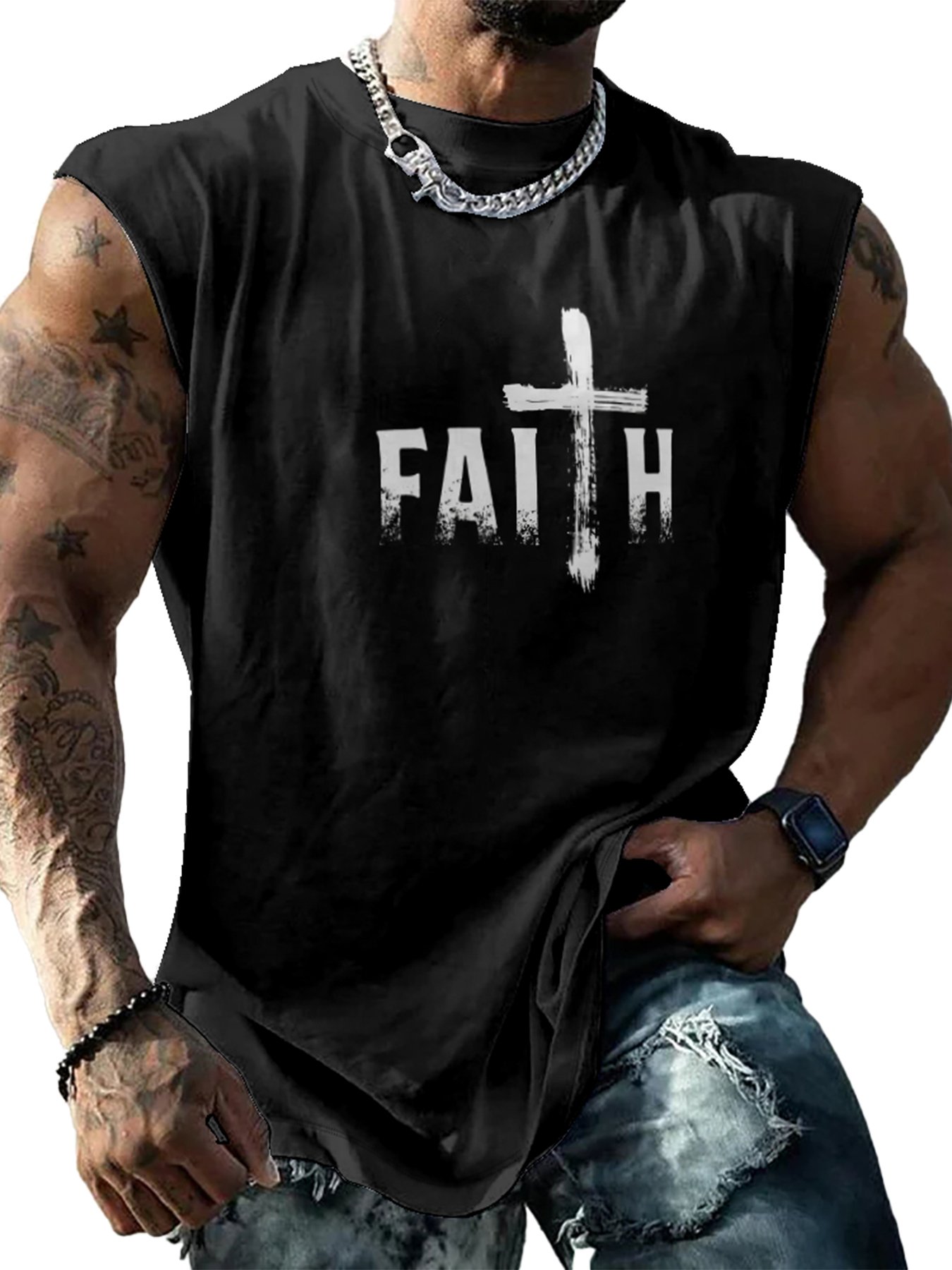 Mens Crewneck Tank Tops Faith Cross Easter Beach Sleeveless Shirt